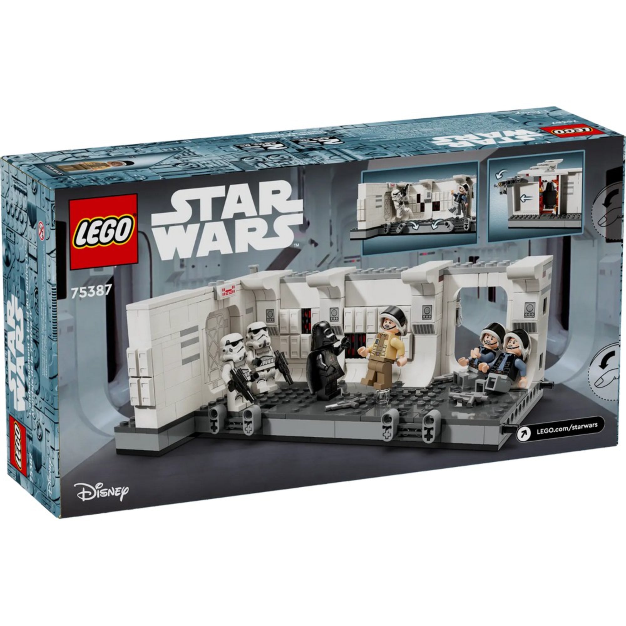 A LEGO Star Wars Beszállás a Tantive IV-be (75387) készlet dobozának hátoldala, amely akciófunkciókat, játszási lehetőségeket és jelenetábrázolást mutat be.