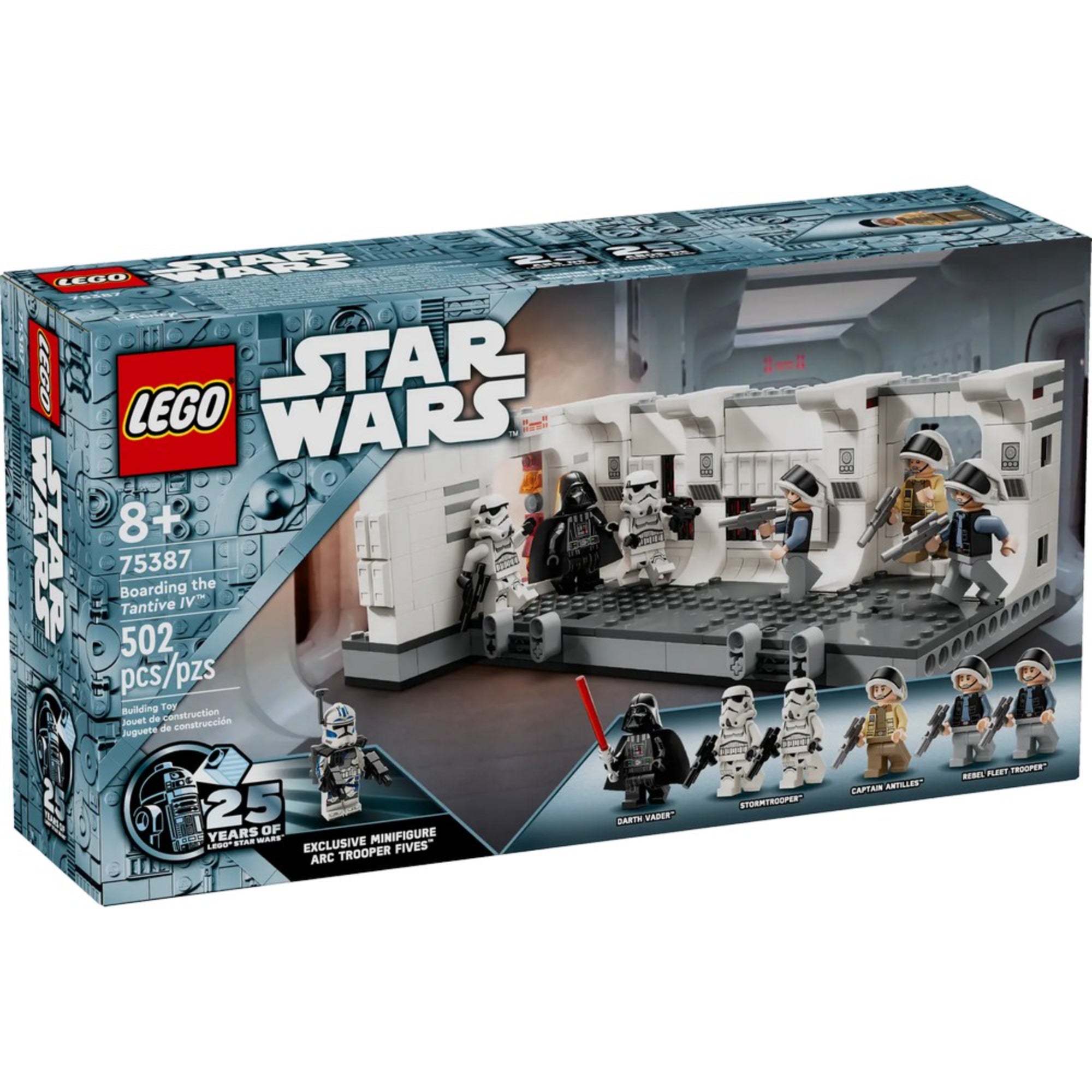 A LEGO Star Wars Beszállás a Tantive IV-be (75387) készlet doboza elölnézetből, amely bemutatja a jelenetet, a figurákat és a 25 éves jubileumi ARC Trooper Fives minifigurát.