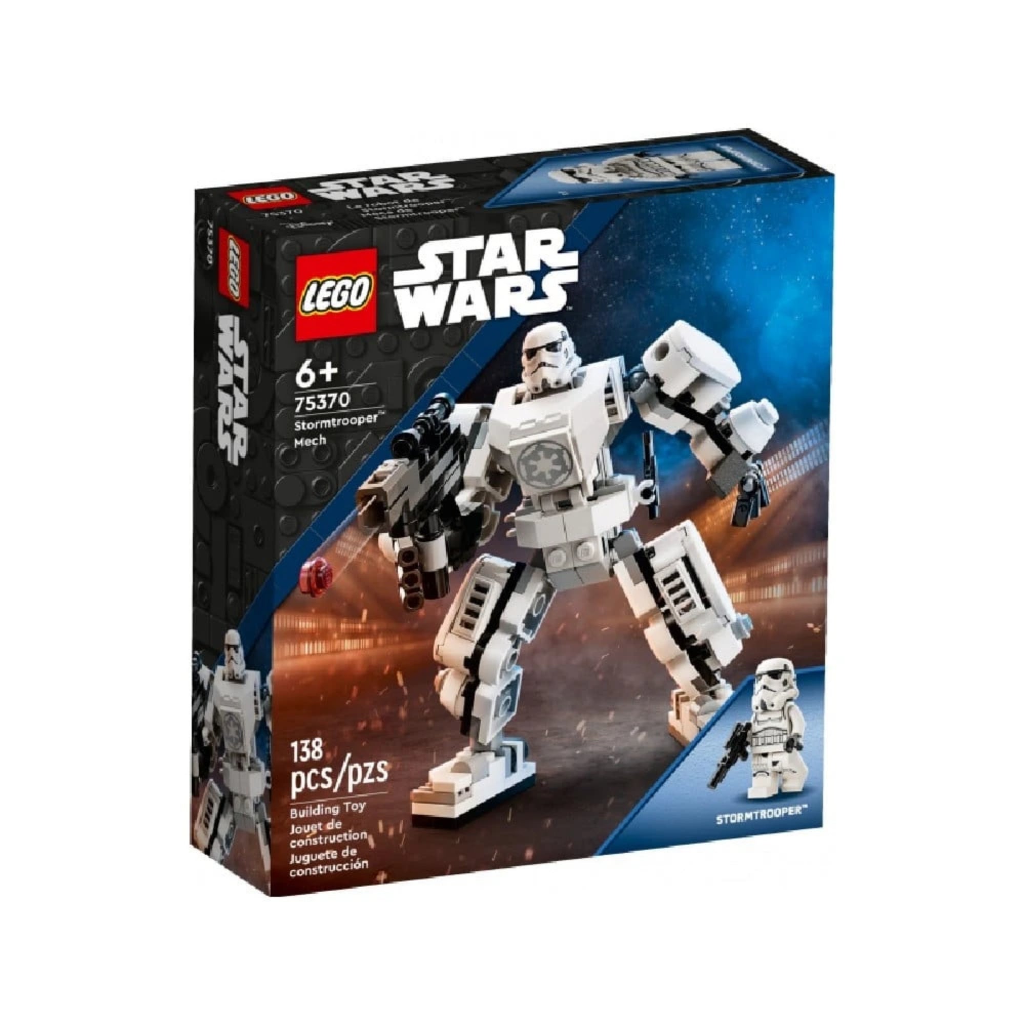 A LEGO Star Wars Birodalmi rohamosztagos robot (75370) termék doboza elölnézetből, 138 darabos készlet, 6+ korosztály számára ajánlva, látványos harci jelenettel.