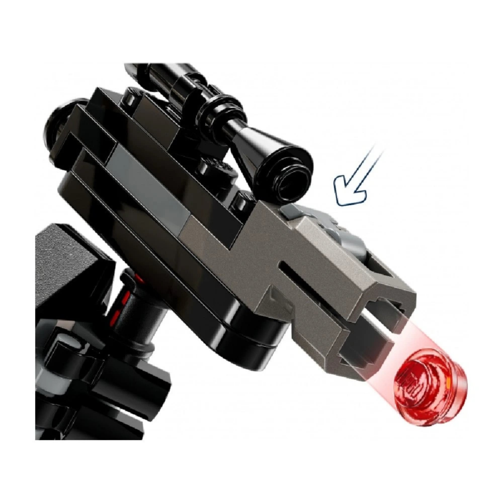 Közelkép a LEGO Star Wars Birodalmi rohamosztagos robot (75370) robotfegyveréről, kiemelve a kilövő mechanizmust és a piros lövedéket.
