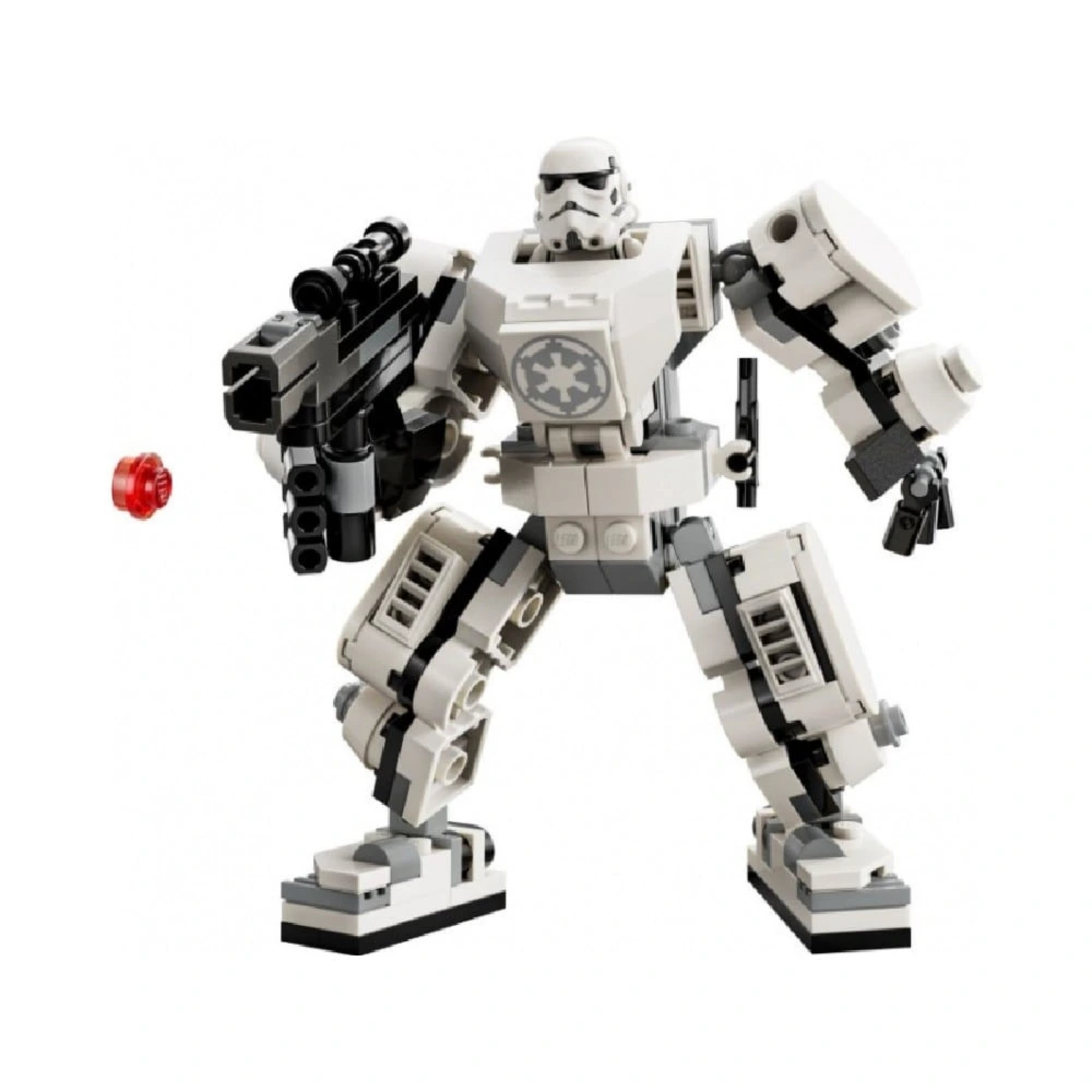 LEGO Star Wars Birodalmi rohamosztagos robot (75370) teljesen összerakva, harci pózban, fegyverrel a kezében és kilőtt piros koronggal, fehér és szürke színvilággal.