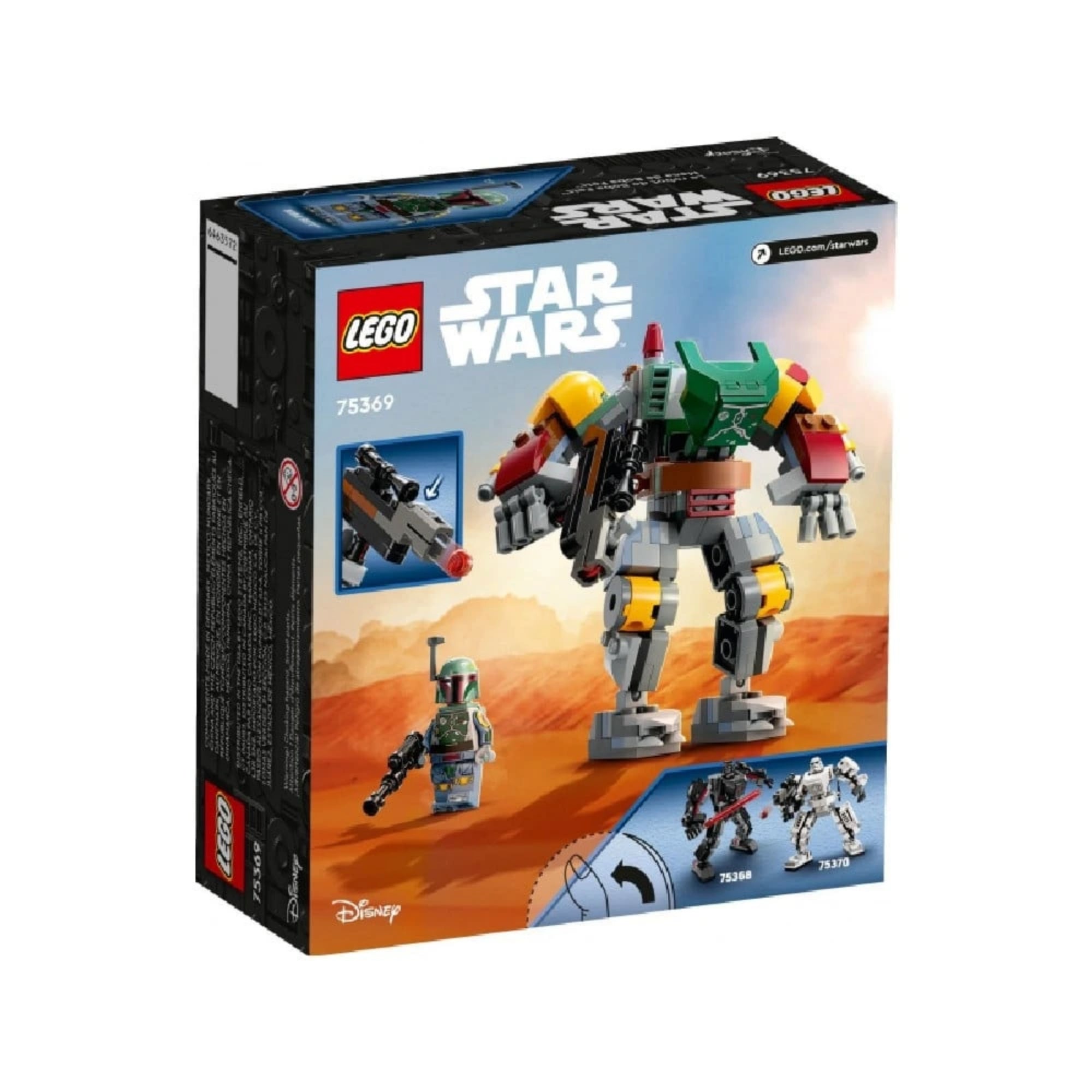 A LEGO Star Wars Boba Fett robot készlet hátoldali dobozképe, akciójelenettel, és más hasonló LEGO robot szettek előnézeteivel.