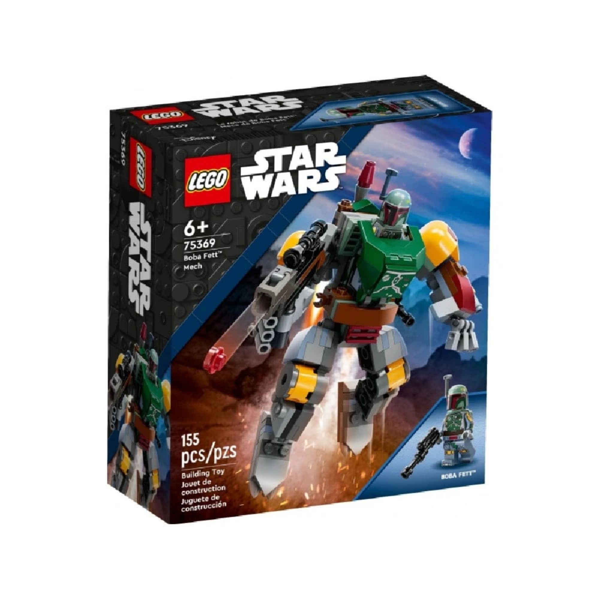 A LEGO Star Wars 75369 Boba Fett robot szett doboza, 155 darabbal, előtérben a robot harci pózban, háttérben a galaxis látképe.