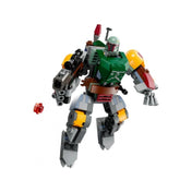 A LEGO Boba Fett robot figura támadó pózban, fegyverrel és kilőhető piros koronggal, a figura mellkasában ülő minifigurával.