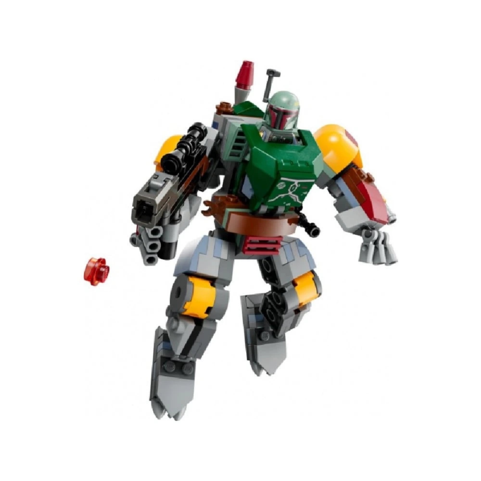 A LEGO Boba Fett robot figura támadó pózban, fegyverrel és kilőhető piros koronggal, a figura mellkasában ülő minifigurával.