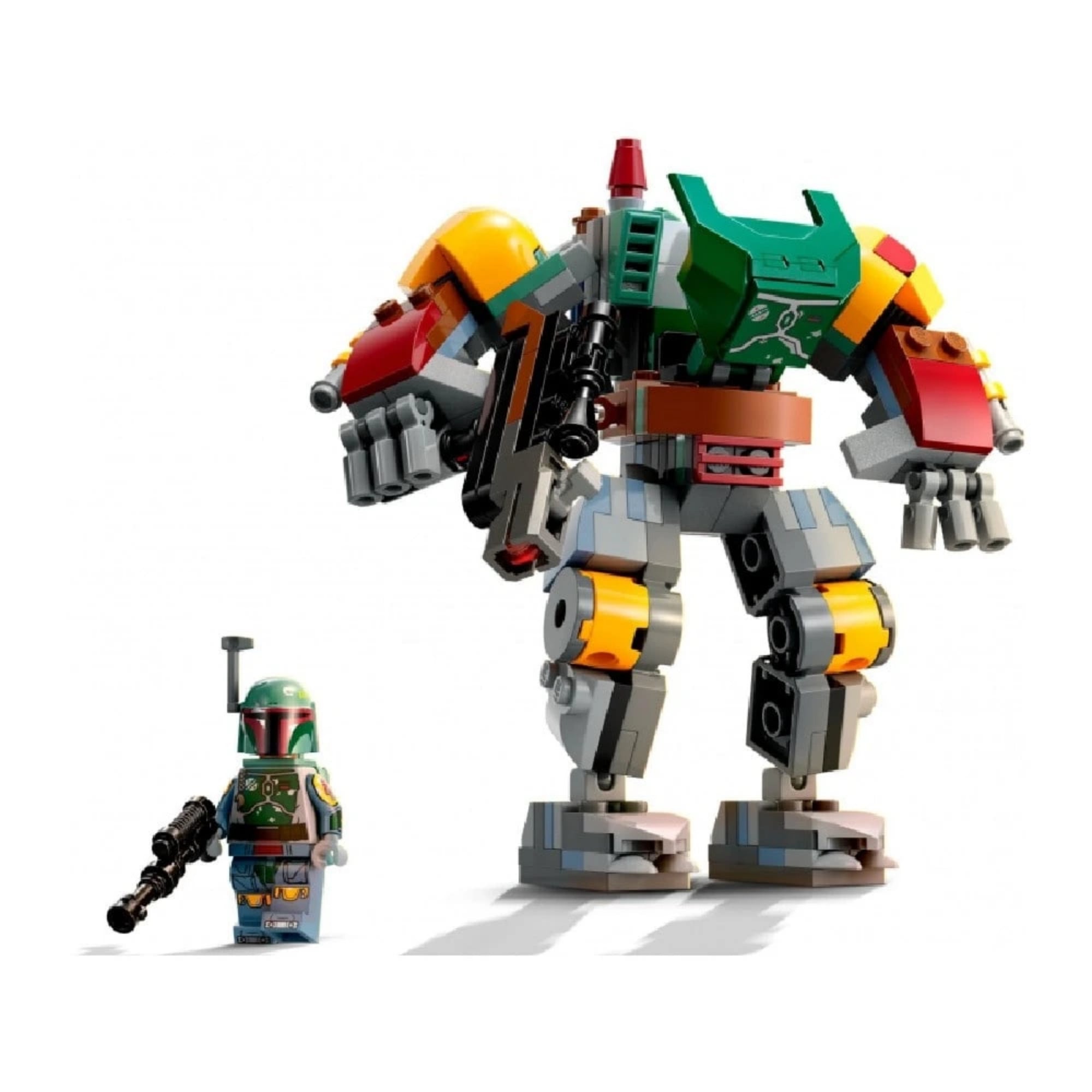 LEGO Star Wars Boba Fett robot figura és minifigura egymás mellett, a zöld-piros-sárga páncélos robot masszív végtagokkal, fegyverrel és sisakos Boba Fett figurával.