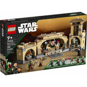 A LEGO Star Wars Boba Fett trónterme (75326) szett doboza, amelyen a teljes készlet látható a hét minifigurával, köztük Boba Fettel és Bib Fortunával, valamint a sivatagi palota trónterme és őrtornya.