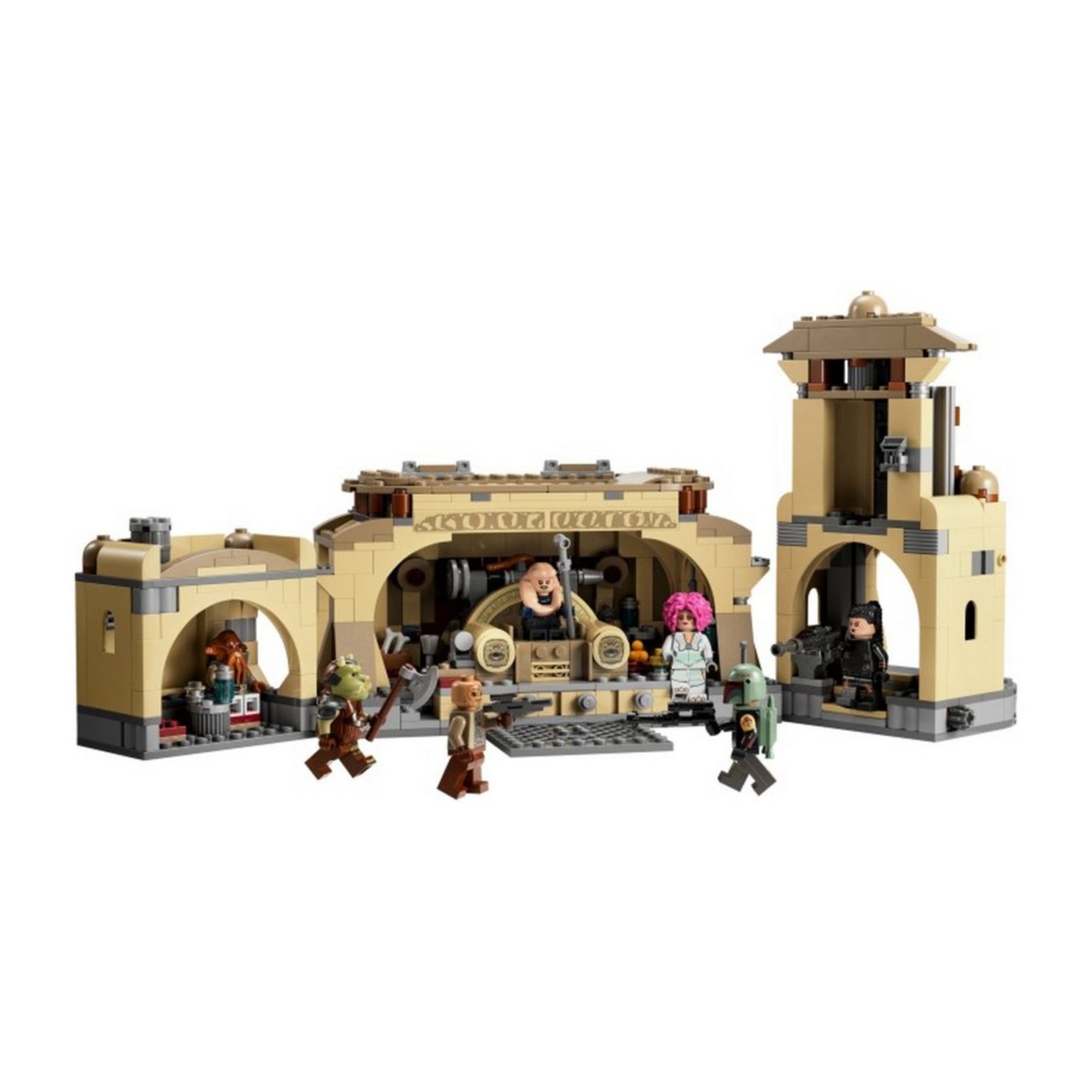 Az összerakott LEGO Star Wars Boba Fett trónterme (75326) készlet, amely bemutatja a trónterem belső részét a figurákkal és részletgazdag építményeivel.