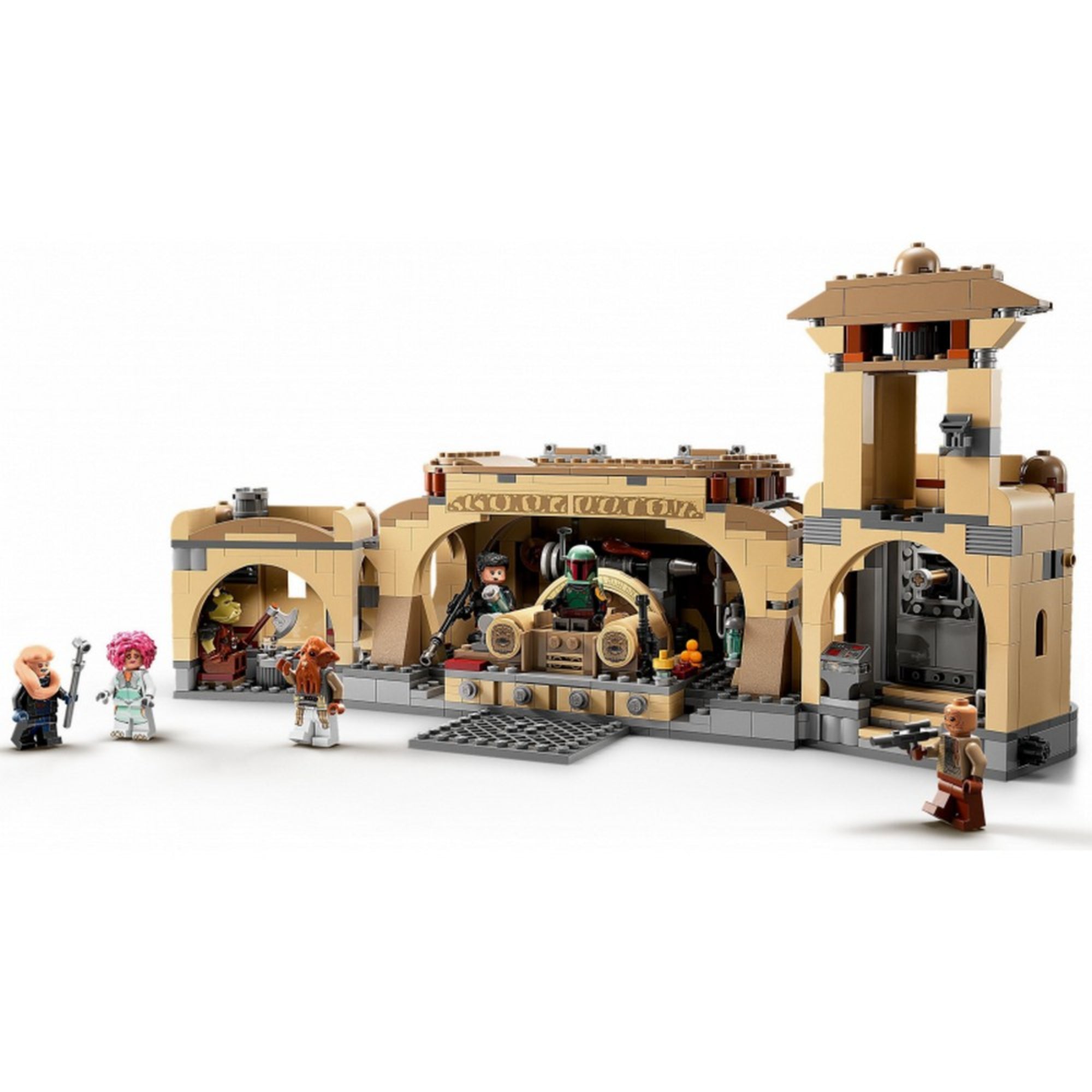 A LEGO Star Wars Boba Fett trónterme (75326) készlet teljesen kinyitott állapotban, részletes belső terek és karakterek jeleneteivel, köztük Boba Fett trónján ülve.