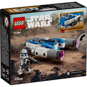 A LEGO Star Wars 75391 készlet hátoldala, bemutatva a Microfighter részleteit, valamint Captain Rex minifiguráját egy romos tájon.