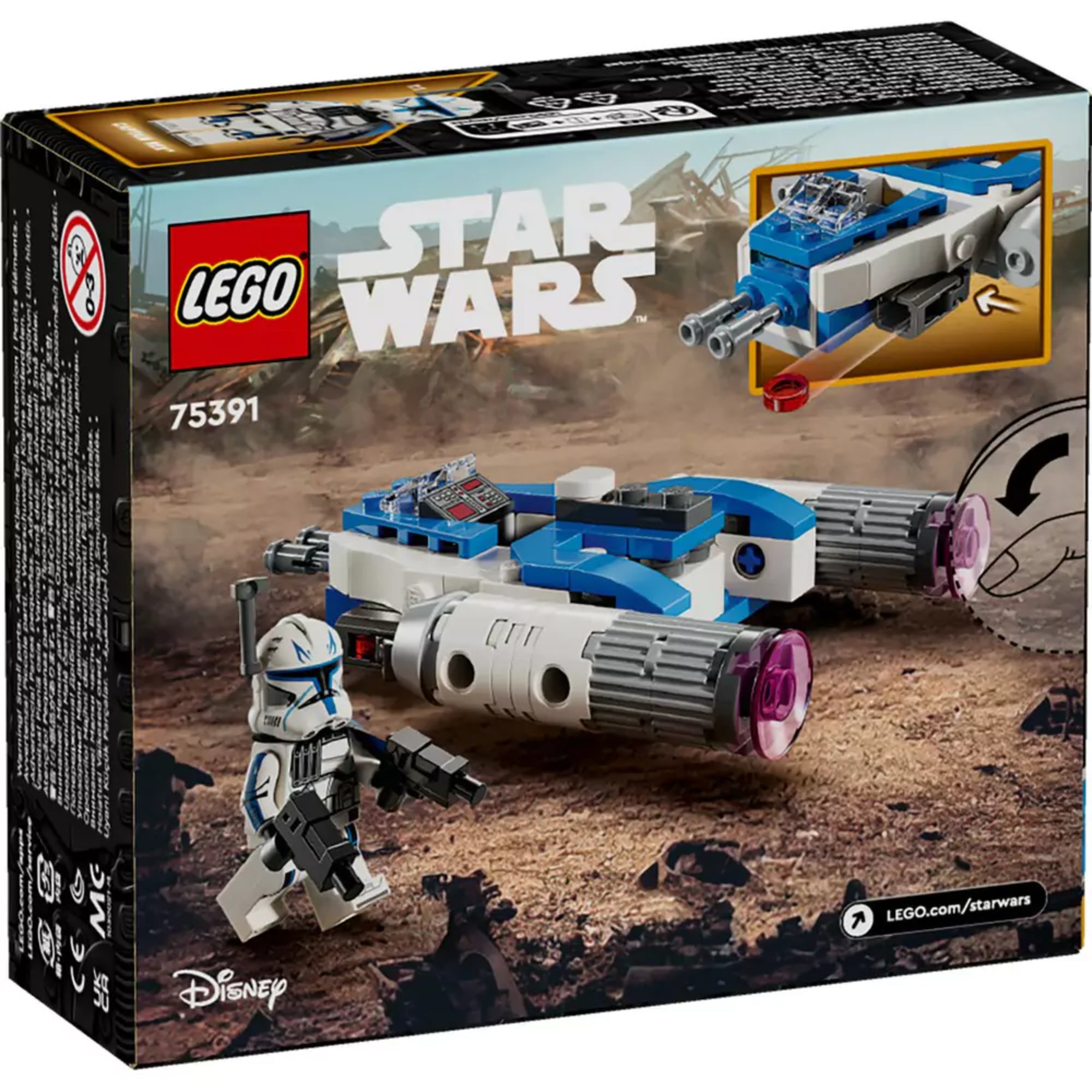 A LEGO Star Wars 75391 készlet hátoldala, bemutatva a Microfighter részleteit, valamint Captain Rex minifiguráját egy romos tájon.