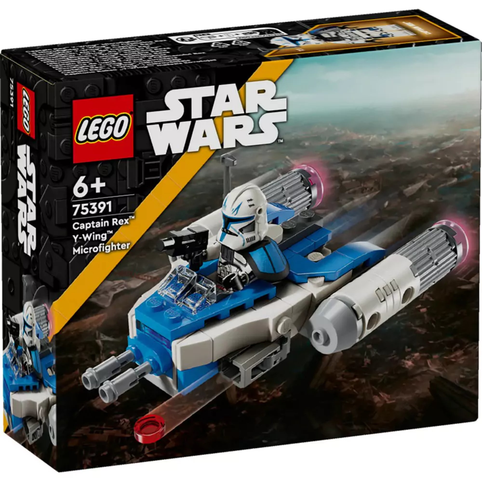 A LEGO Star Wars Captain Rex Y-Wing Microfighter készlet doboza elölnézetből, a repülő járművel és a kapitány minifigurájával a háttérben.