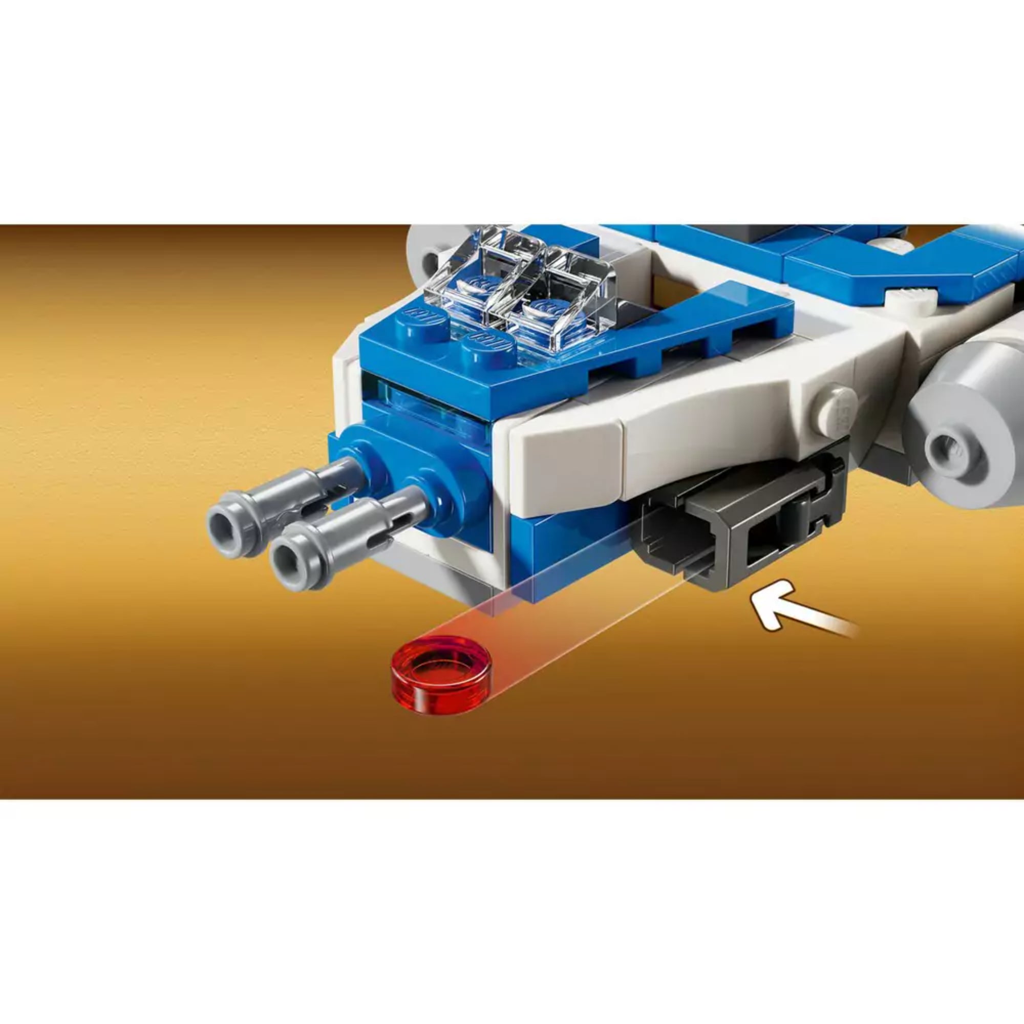 Közelkép a LEGO Y-Wing Microfighter elülső rakétavető mechanizmusáról, amely piros koronglövedéket indít.
