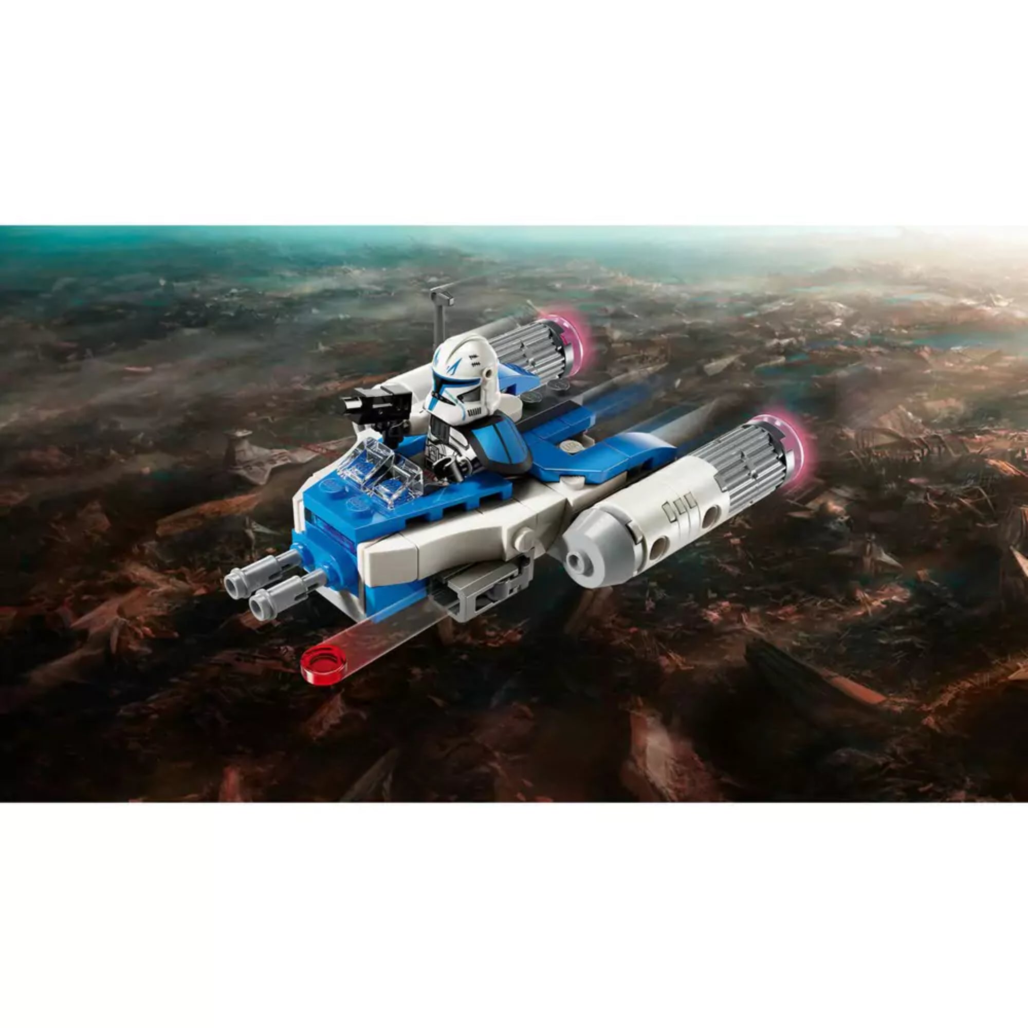 Részletes LEGO Star Wars jelenet, amelyen a Captain Rex minifigurával felszerelt Y-Wing Microfighter repül a csata közepén, fényes hajtóműeffektekkel.