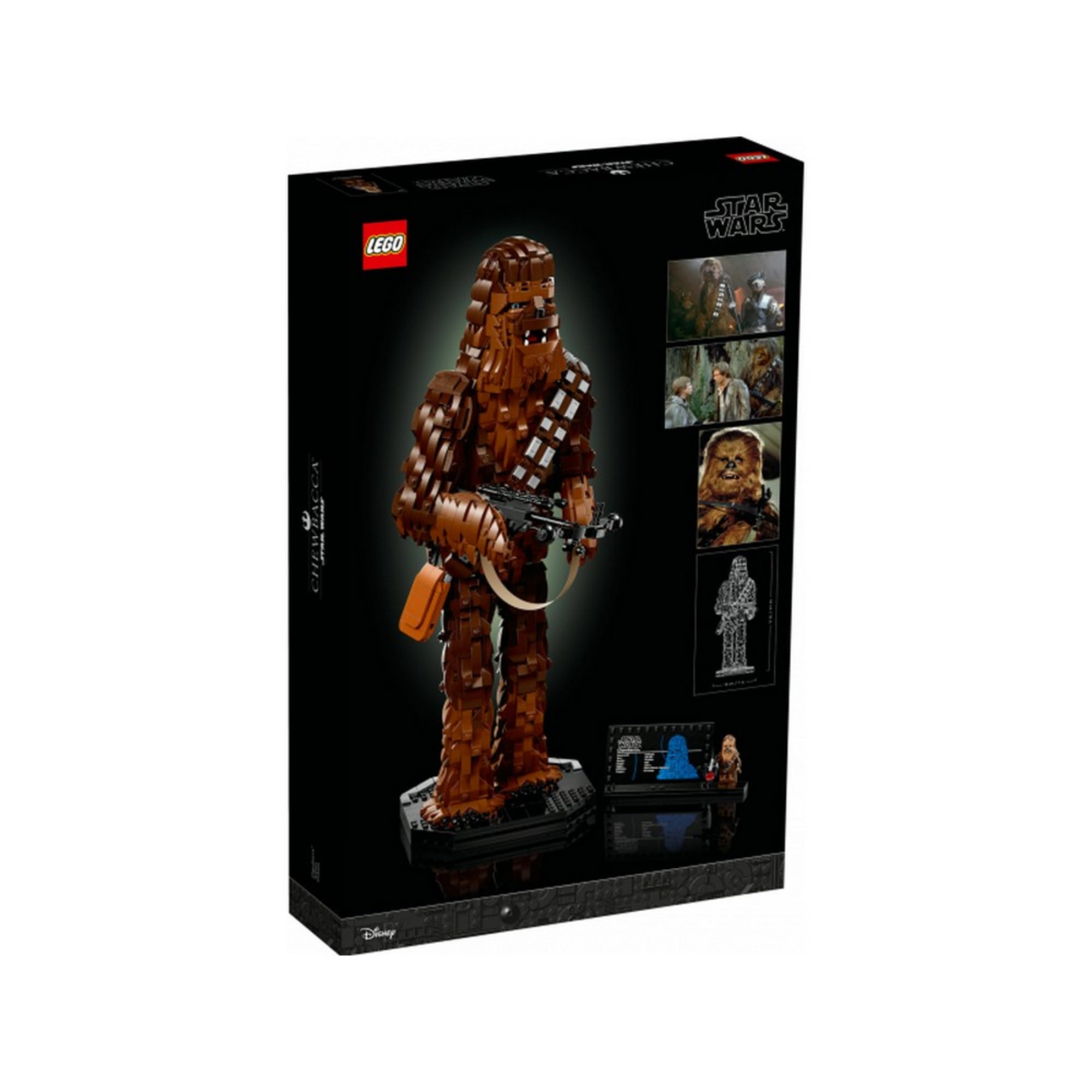 LEGO Star Wars Chewbacca (75371) készlet dobozának hátoldala, a figura másik oldalnézetéből, ikonikus jelenetképekkel a filmekből, valamint a mellékelt minifigurával és információs táblával.