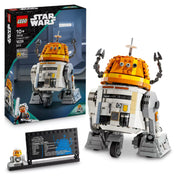 A LEGO Star Wars Chopper (C1-10P) 75416 robotmodell és tartozékai, köztük a bemutatótábla, egy minifigura és a doboz képe látható.
