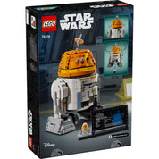 A LEGO Star Wars Chopper (C1-10P) 75416 készlet dobozának hátoldala, amely a robot különböző funkcióit és a kiállítási talpat mutatja.