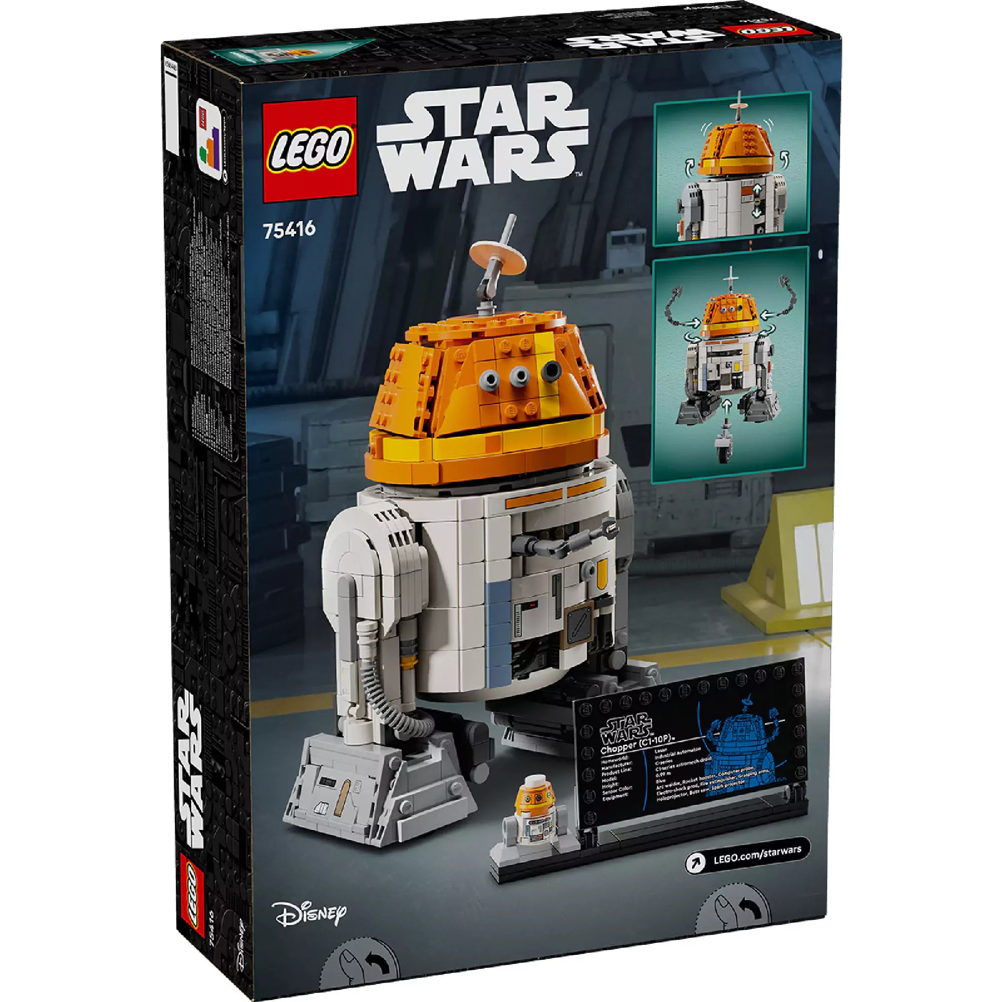 A LEGO Star Wars Chopper (C1-10P) 75416 készlet dobozának hátoldala, amely a robot különböző funkcióit és a kiállítási talpat mutatja.
