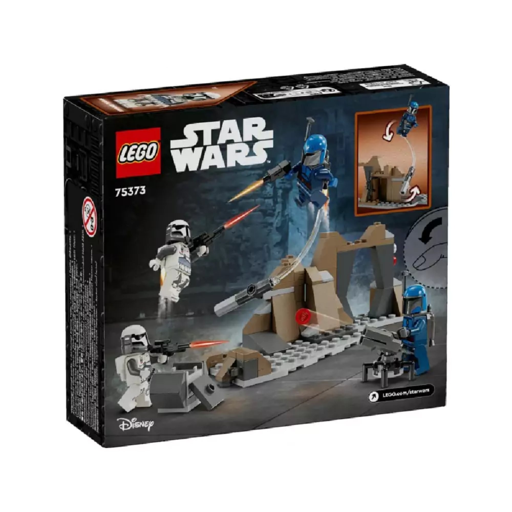 A LEGO Star Wars 75373 készlet dobozának hátoldala, amely bemutatja a játszható funkciókat, például az ugrókaros akciót és a díszített sziklaépítményt.