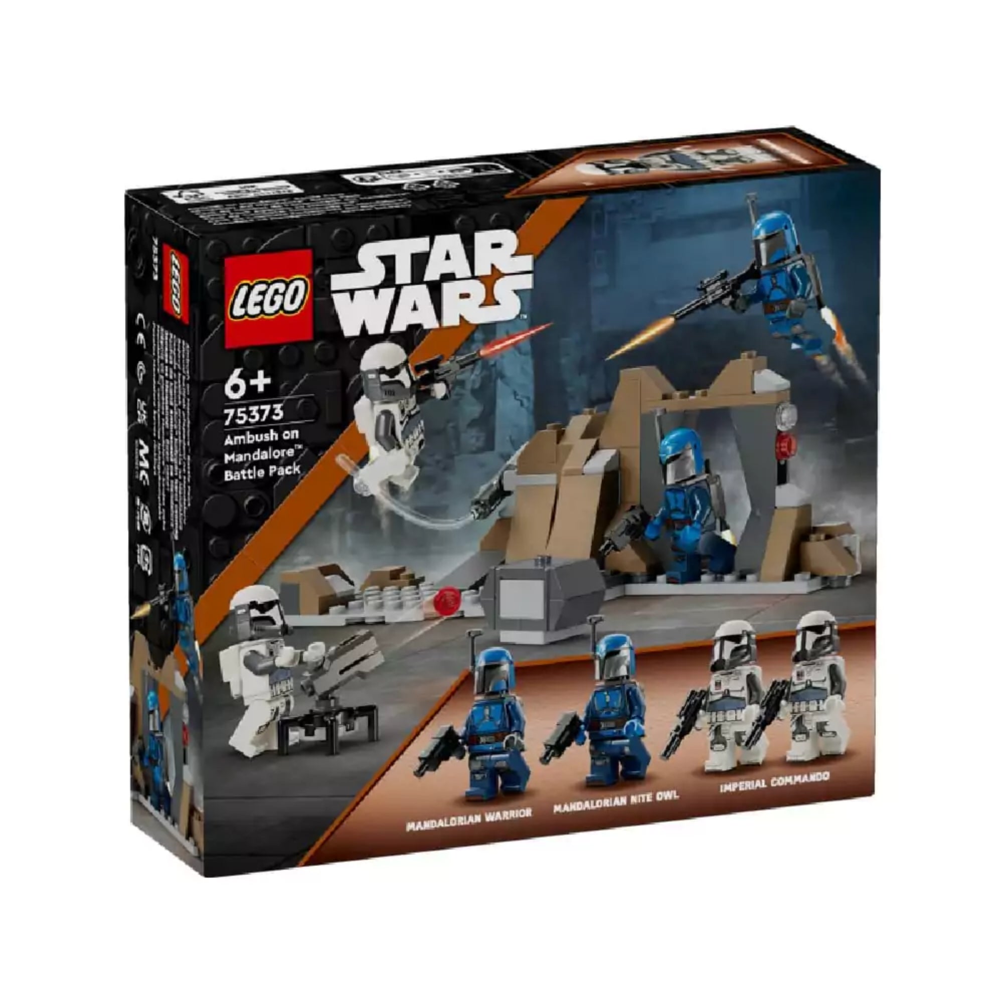A LEGO Star Wars 75373 Csapda a Mandalore bolygón harci csomag dobozának előlapja, rajta a négy minifigura és az akciójelenet a sziklás terepen.