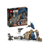 A LEGO Star Wars Csapda a Mandalore bolygón harci csomag (75373) doboza és a teljes készlet: négy minifigura (két Mandalori harcos, két birodalmi kommandós), valamint egy barna-szürke sziklás bázisépítmény és kilövőállás.