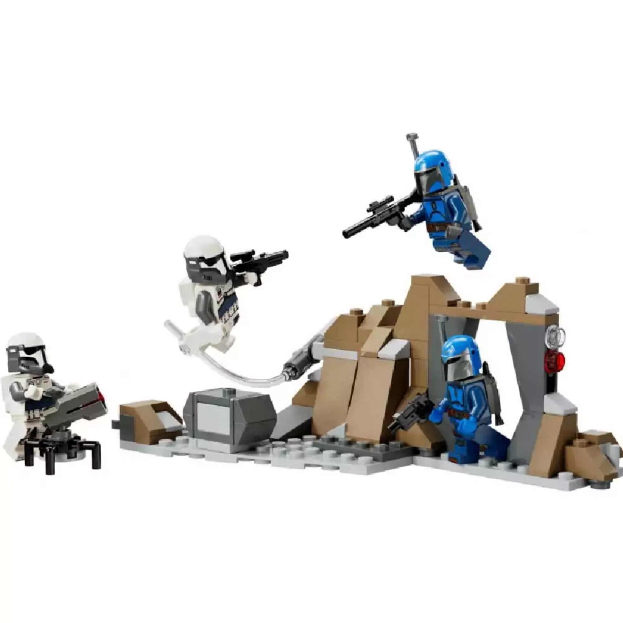 A LEGO Star Wars 75373 harci csomag teljes készlete: Mandalori harcosok és birodalmi kommandósok küzdenek egy sziklás mandalore-i bázison különféle fegyverekkel és kiegészítőkkel.