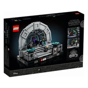A LEGO Star Wars Császári trónterem dobozának hátoldala, különböző nézeteket mutat az építményről, minifigurákról és jelenetekről, bal alsó sarokban a szett méretarányos rajzával.