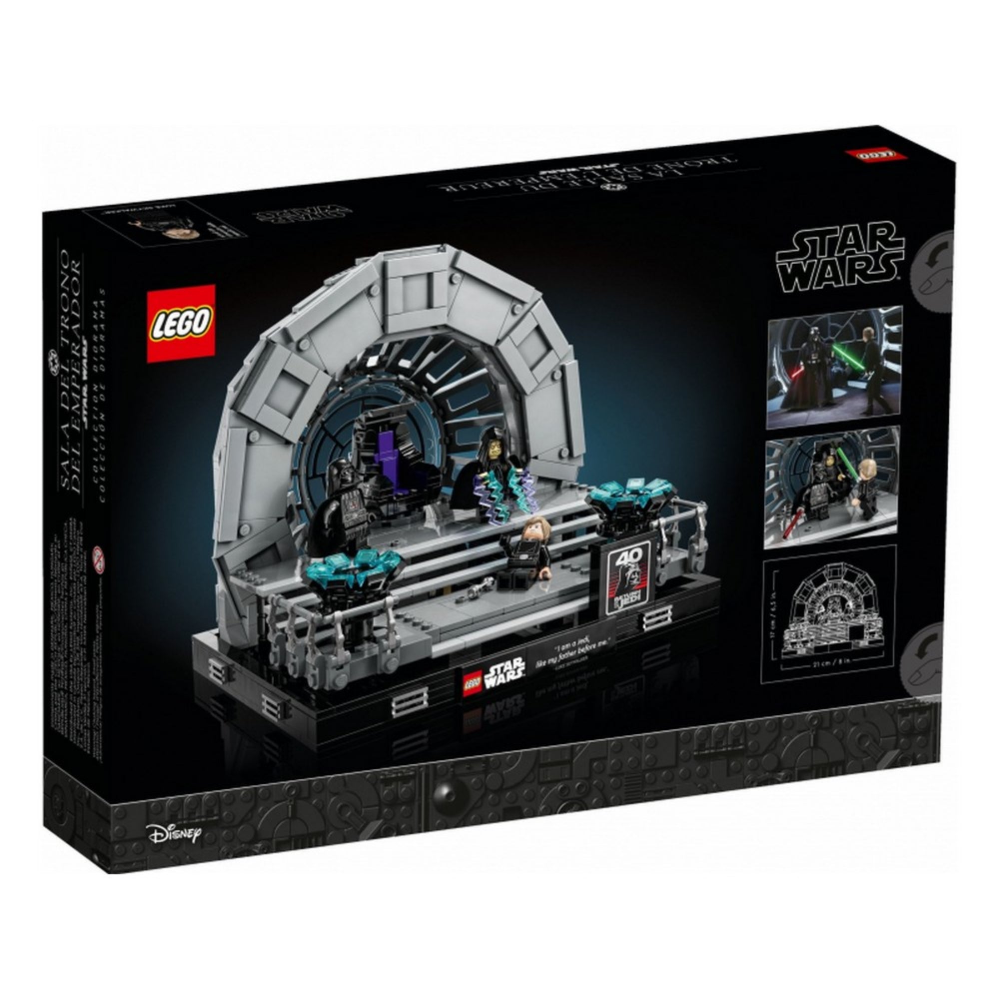 A LEGO Star Wars Császári trónterem dobozának hátoldala, különböző nézeteket mutat az építményről, minifigurákról és jelenetekről, bal alsó sarokban a szett méretarányos rajzával.