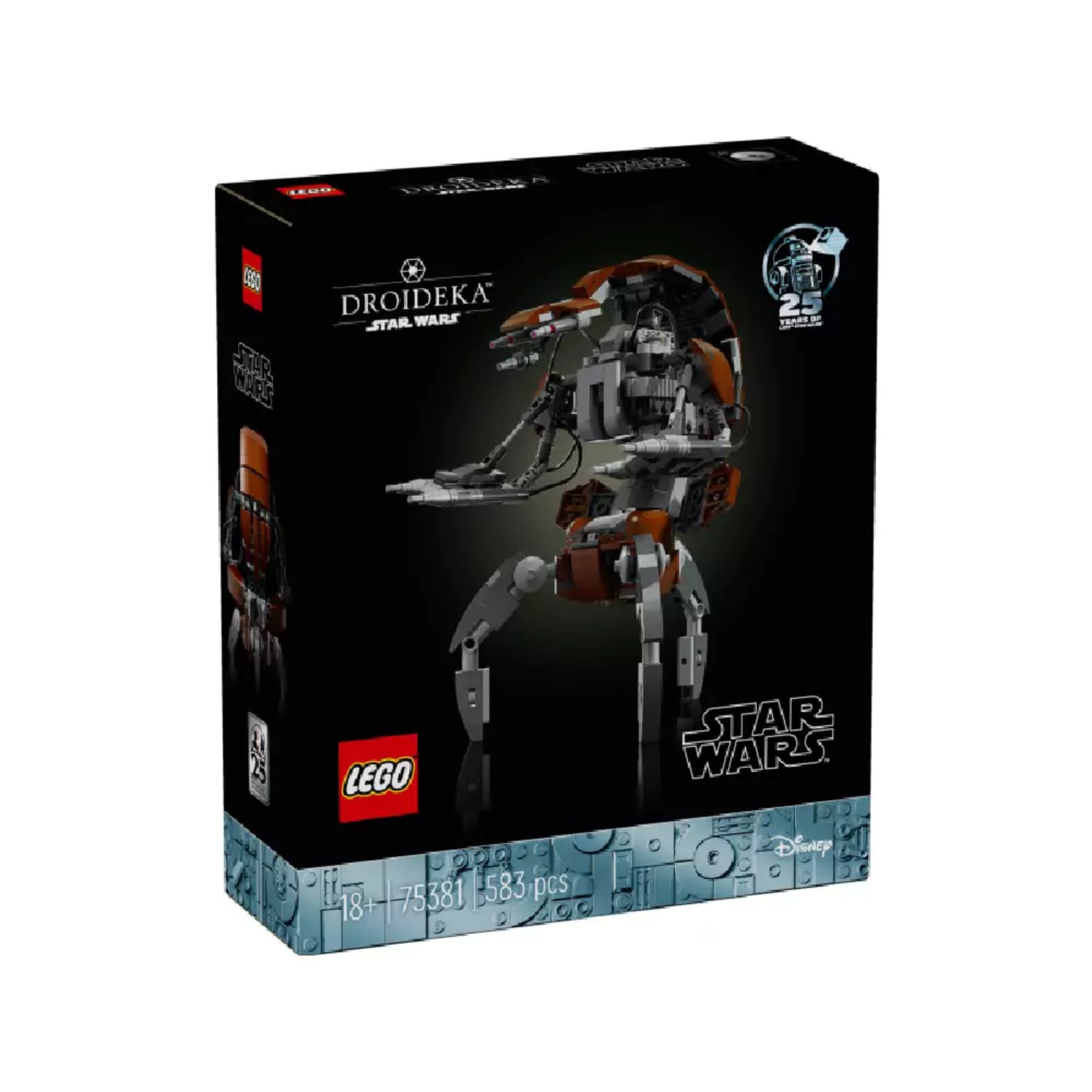 A LEGO Star Wars Droideka (75381) doboza elölről, sötét háttérrel és a készlet fő elemével, a Droideka modellel a középpontban. A bal alsó sarokban látható a LEGO és Star Wars logó, valamint a darabszám: 583.
