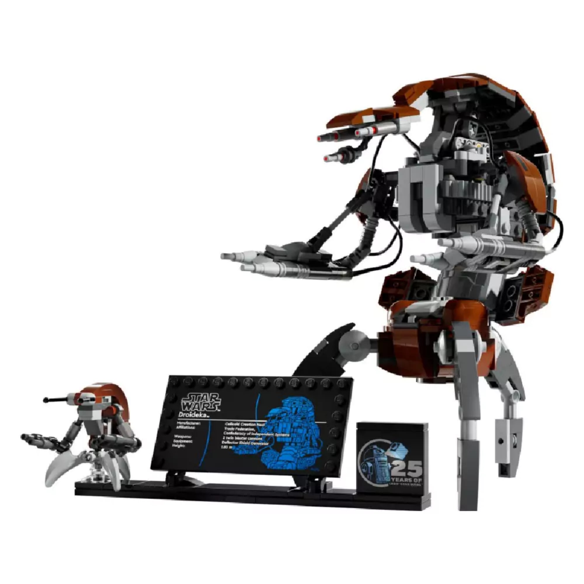 Összeszerelt LEGO Star Wars Droideka modell, részletes kidolgozással, feketés-vöröses színvilágban. Mellette egy mini Droideka figura, információs tábla és a 25 éves Star Wars évfordulós plakett is látható fekete állványon.
