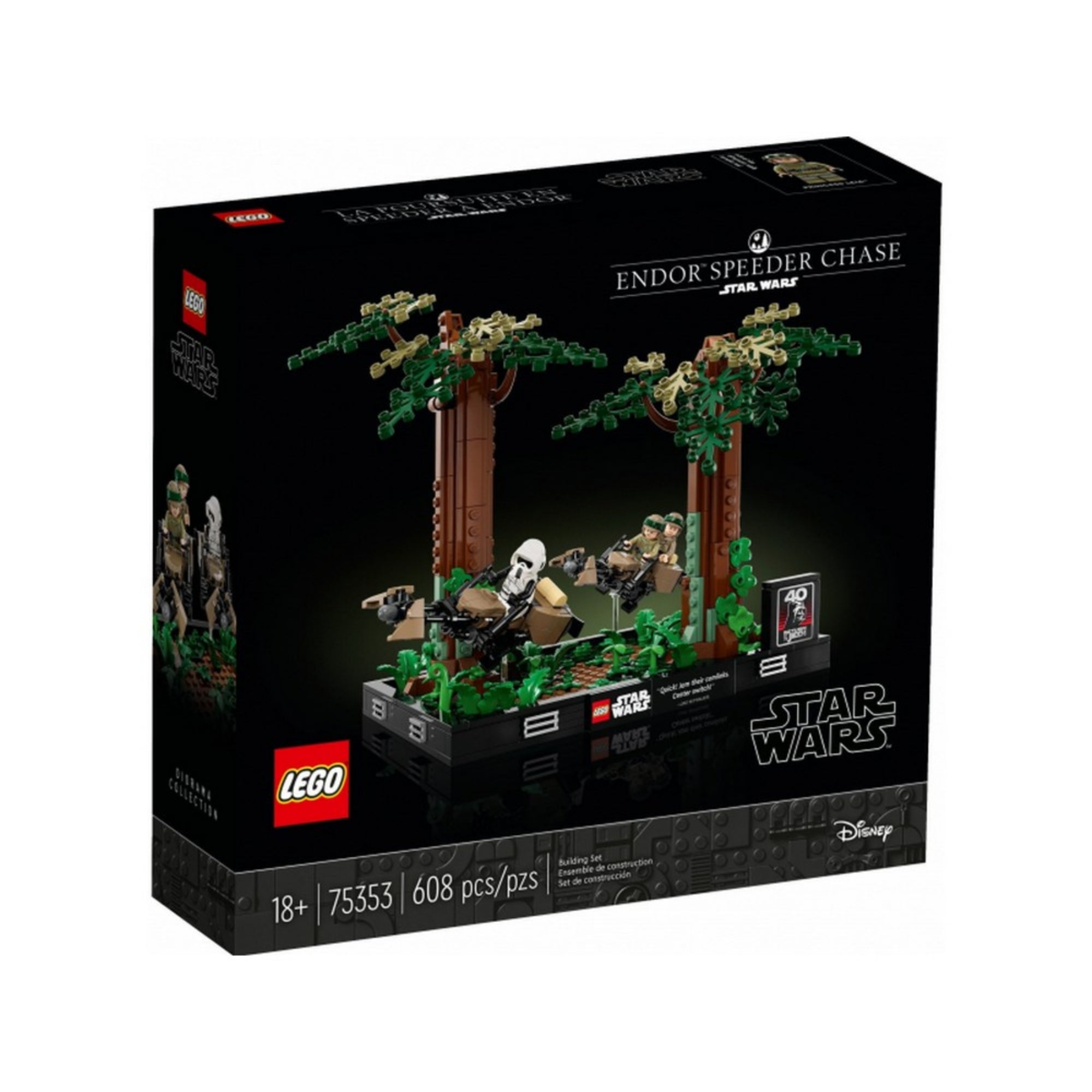  A LEGO Star Wars Endor sikló üldözés dioráma 75353 szett doboza elölről, a termék fotójával, 40. évfordulós Star Wars logóval és a készlet 608 darabos jelölésével.