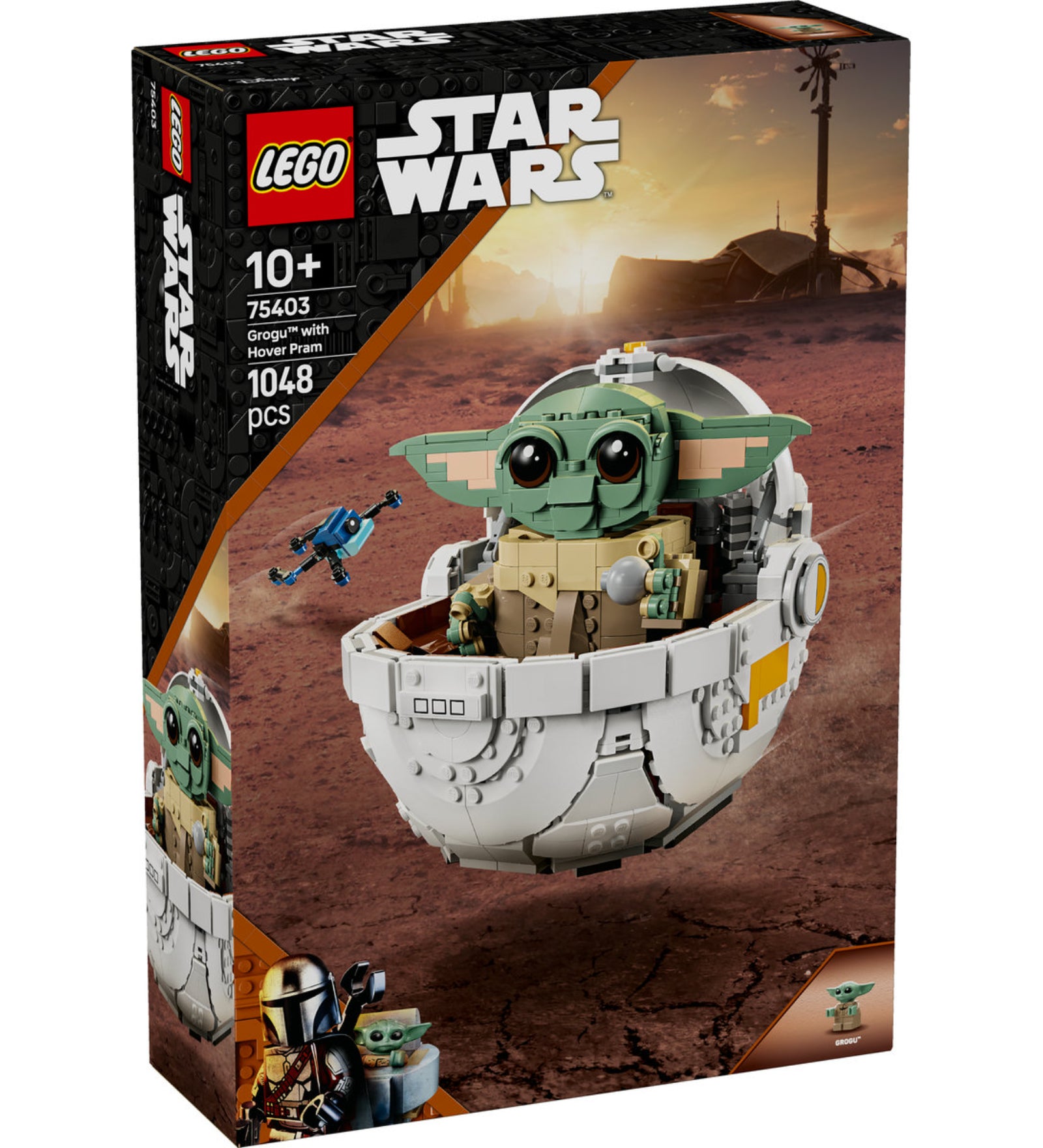 LEGO Star Wars Grogu with Hover Pram (75403) dobozkép – A díszdobozon Grogu, a lebegő babakocsijában, sivatagos háttér előtt.