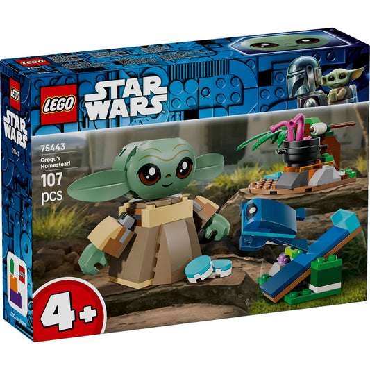 LEGO Star Wars Grogu’s Homestead (75443) – A készlet dobozának eleje, Grogu figurával és a kis építhető környezeti elemekkel.