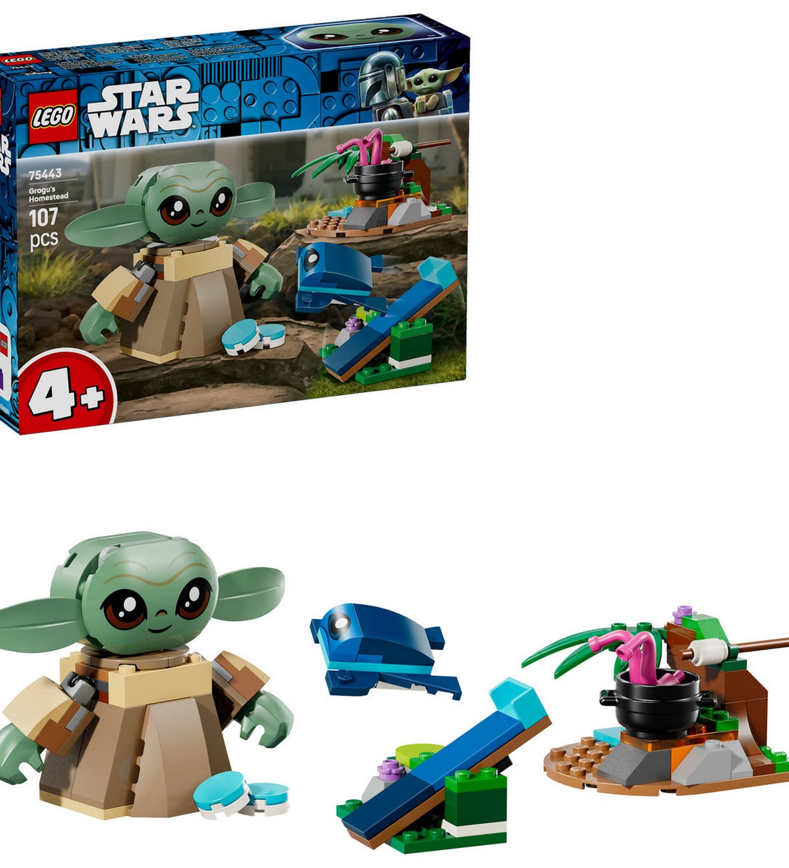 LEGO Star Wars Grogu’s Homestead (75443) – A doboz és a megépített Grogu LEGO figura a kiegészítő építményekkel együtt.