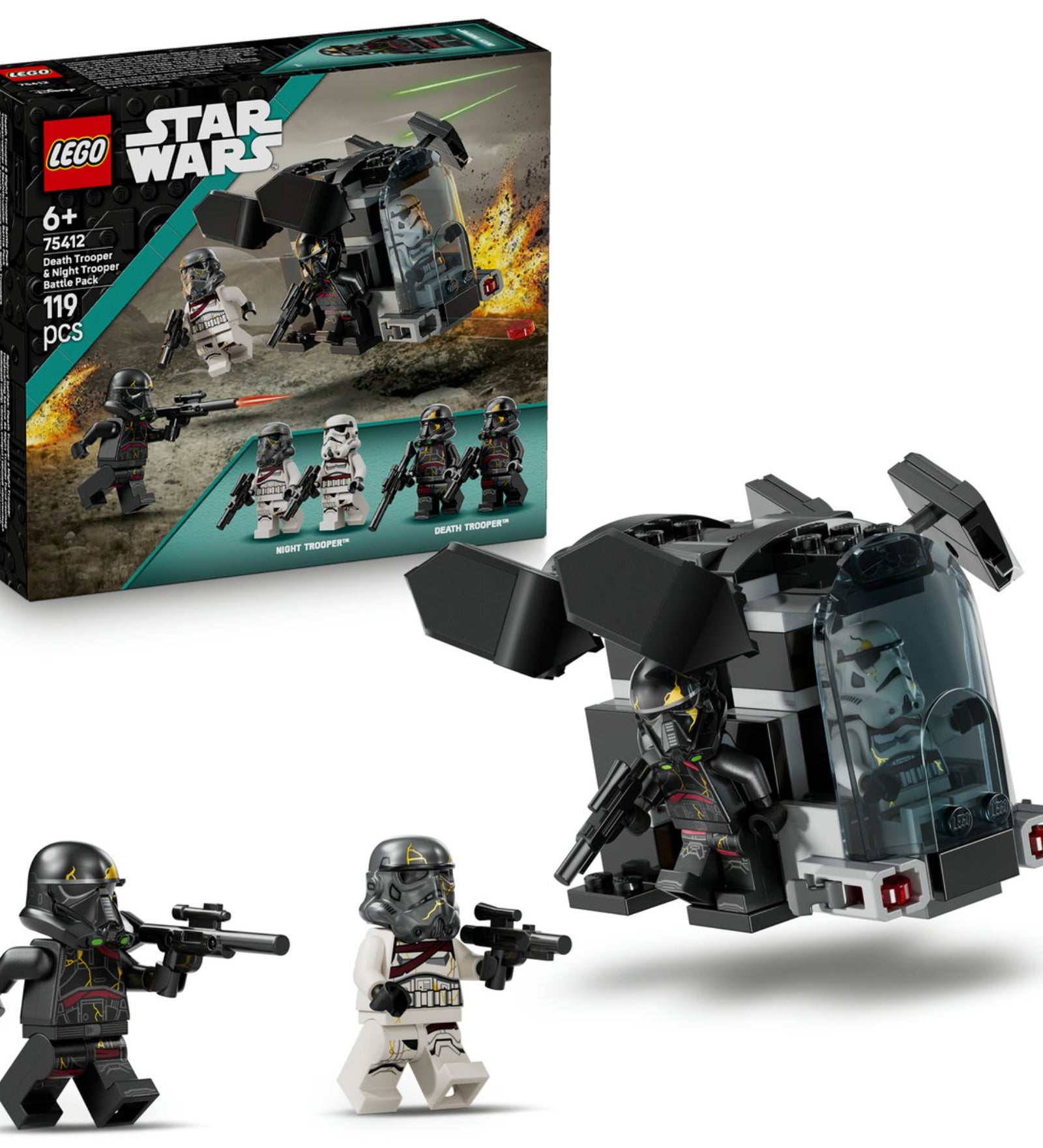 LEGO Star Wars Death Trooper & Night Trooper Battle Pack (75412) készlet és doboz – A minifigurák, a harci jármű és a díszdoboz együtt látható.
