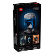A LEGO Jango Fett sisak (75408) készlet hátoldali dobozképe, amely bemutatja a modell oldalnézetét, valamint három kis kép Jango Fettről és a LEGO változatról.