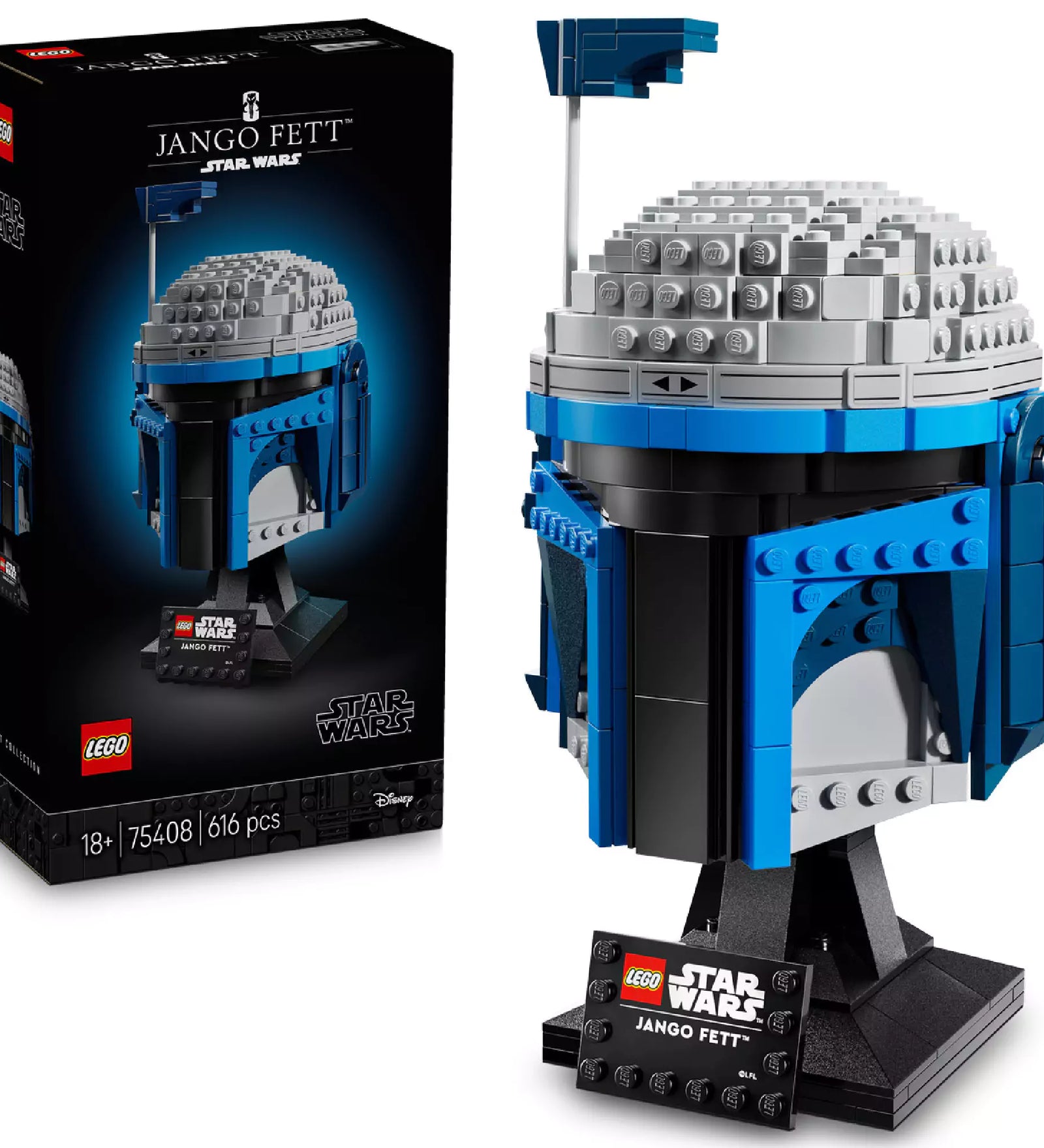 A LEGO Jango Fett sisak (75408) készlet kibontott változata a dobozzal együtt, fekete bemutatóállványra helyezve, elöl a "Jango Fett" névtábla.