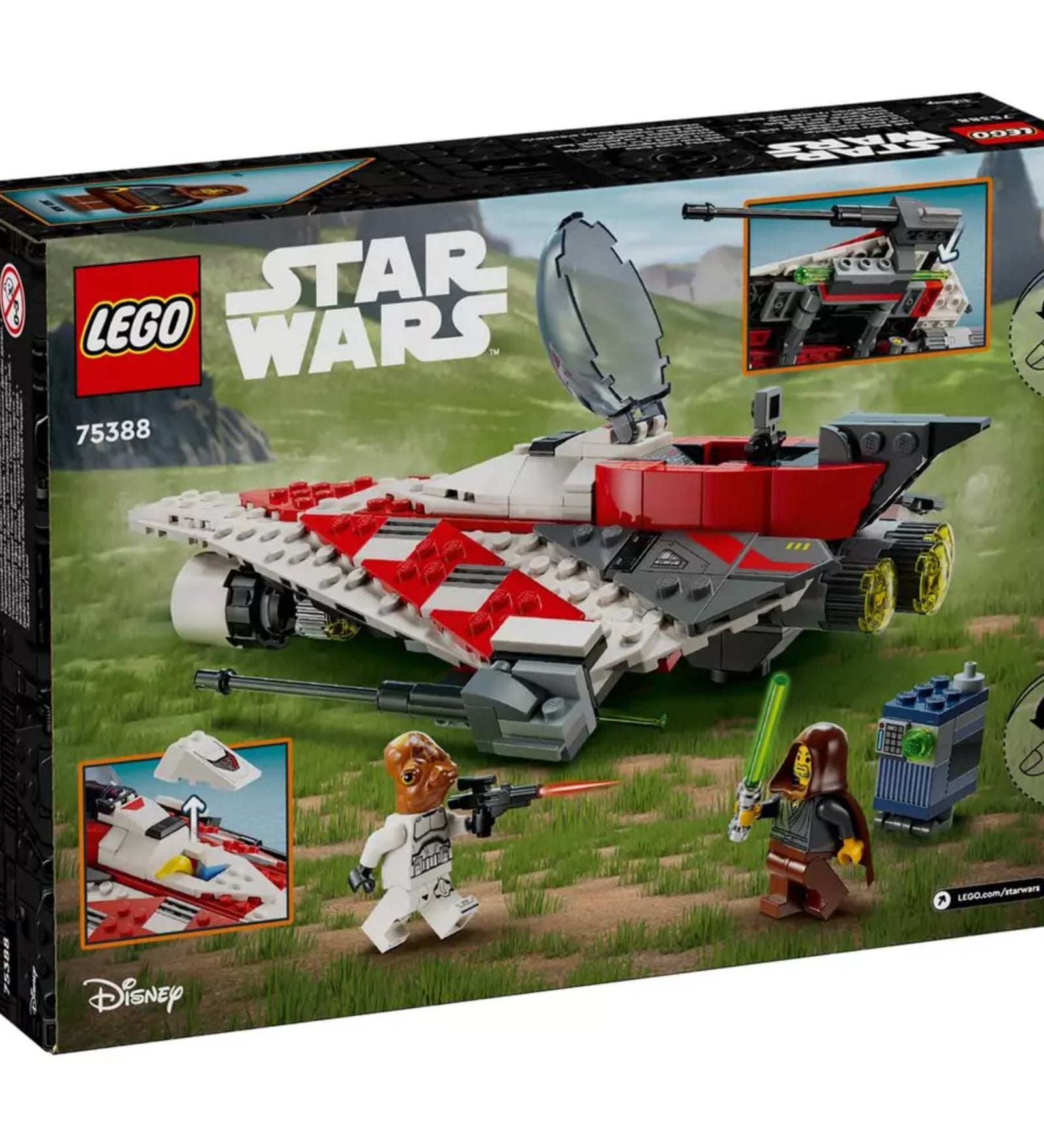 A LEGO Star Wars Jedi Bob csillagharcos űrhajója (75388) készlet doboza elölnézetből, piros-fehér csillagharcos űrhajóval, Jedi Bob, Ackbar tábornok és GNK droid minifigurákkal.