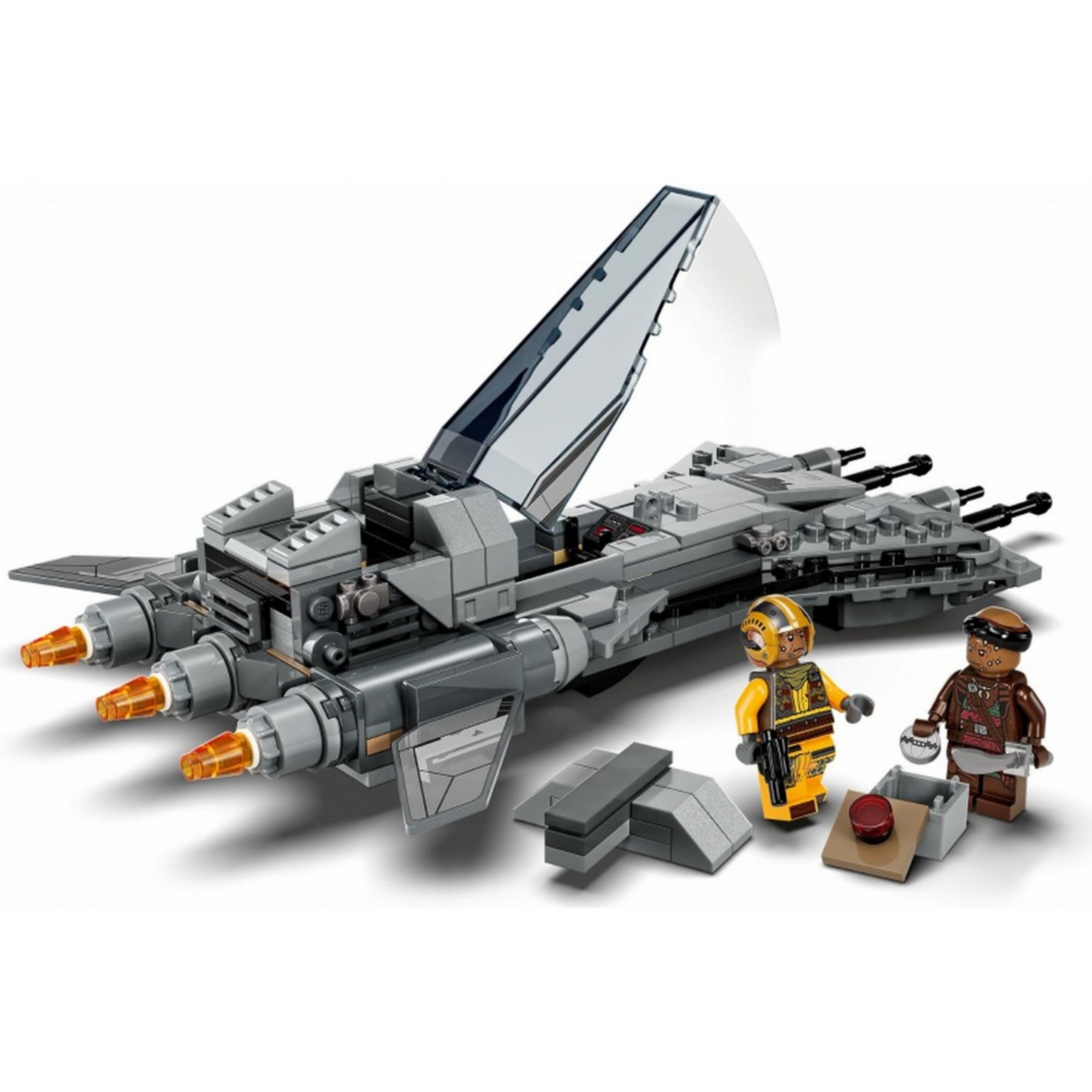 A LEGO Kalóz vadászgép (75346) hátsó nézete, felnyitott pilótafülkével, narancssárga hajtóművekkel, két minifigurával és néhány építhető kiegészítővel.
