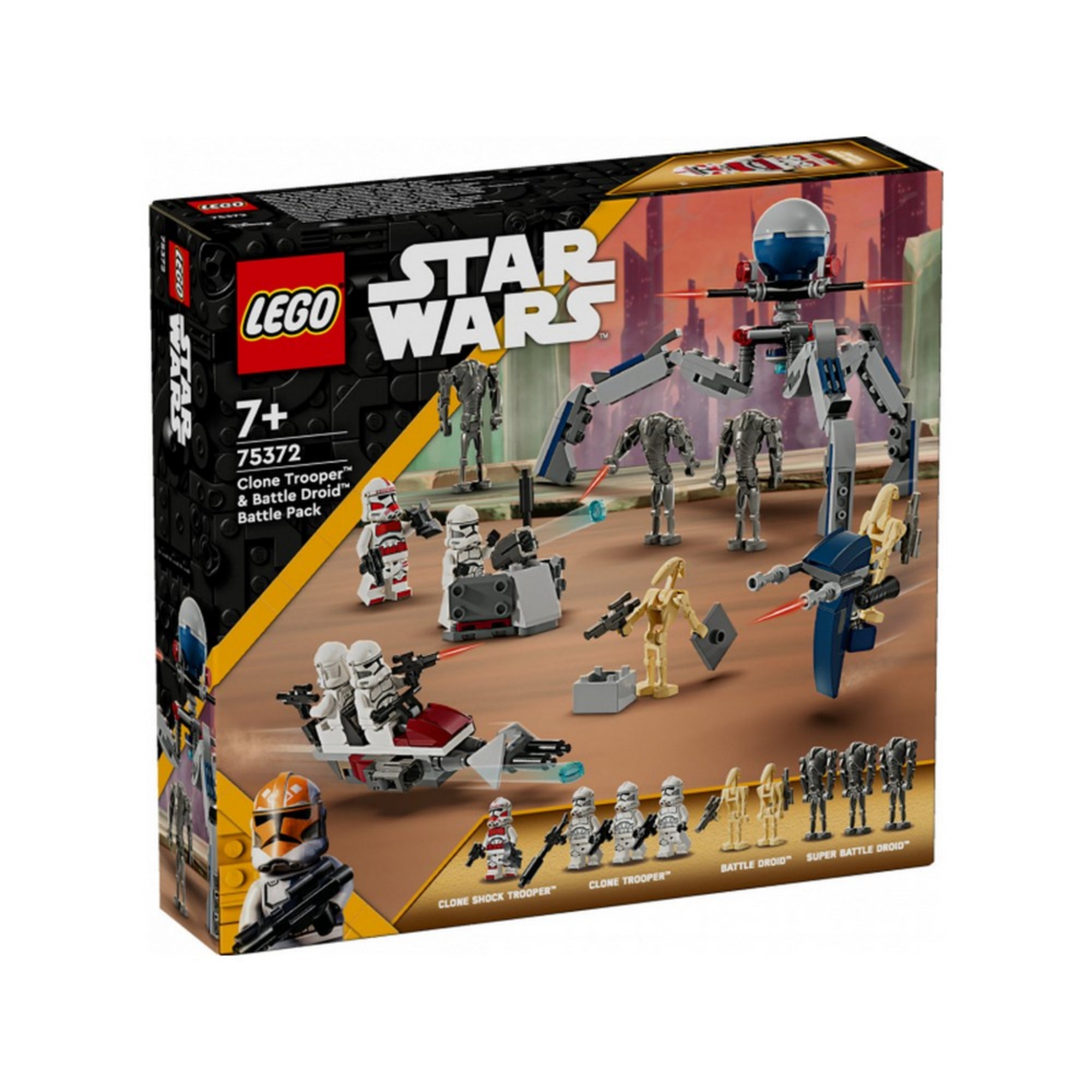 A LEGO Star Wars 75372 készlet dobozának előlapja, amelyen a klón katonák és különböző harci droidok küzdelme látható egy sci-fi városi háttérrel, az alsó részen minifigura-bemutató sávval és a Clone Shock Trooper kiemelt portréjával.