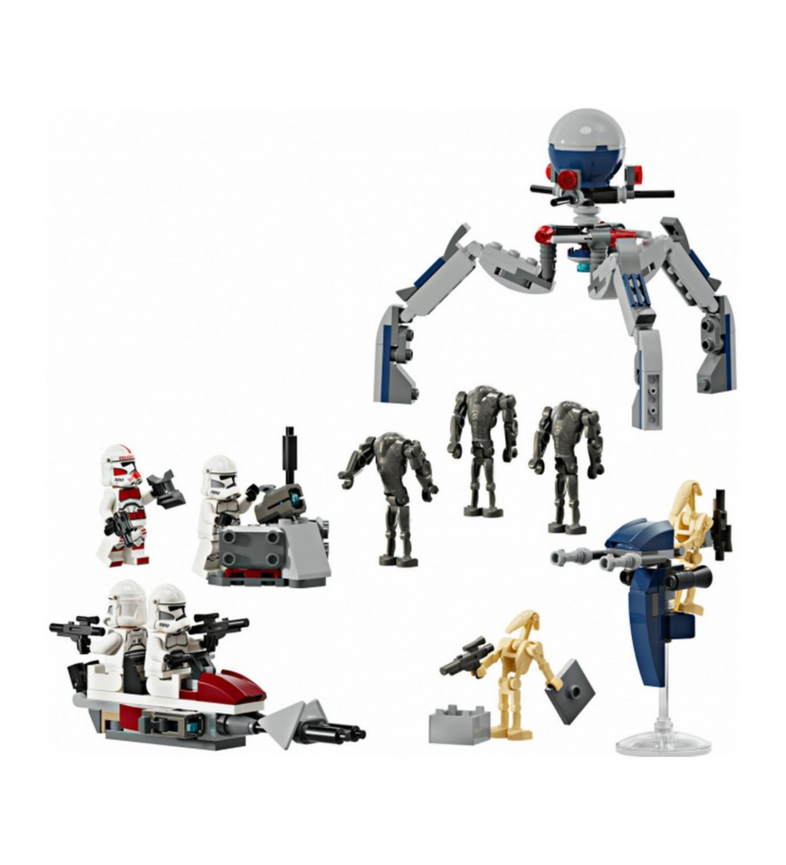 Részletes LEGO jelenet a 75372-es Klónkatona és harci droid harci csomagból, amelyen egy piros-fehér siklón utazó klón katonák, egy gránátvető, három szuper harci droid, két sárga harci droid és egy nagy pókszerű droid is látható – a készlet minden fő eleme összerakva és akció pózban elhelyezve.