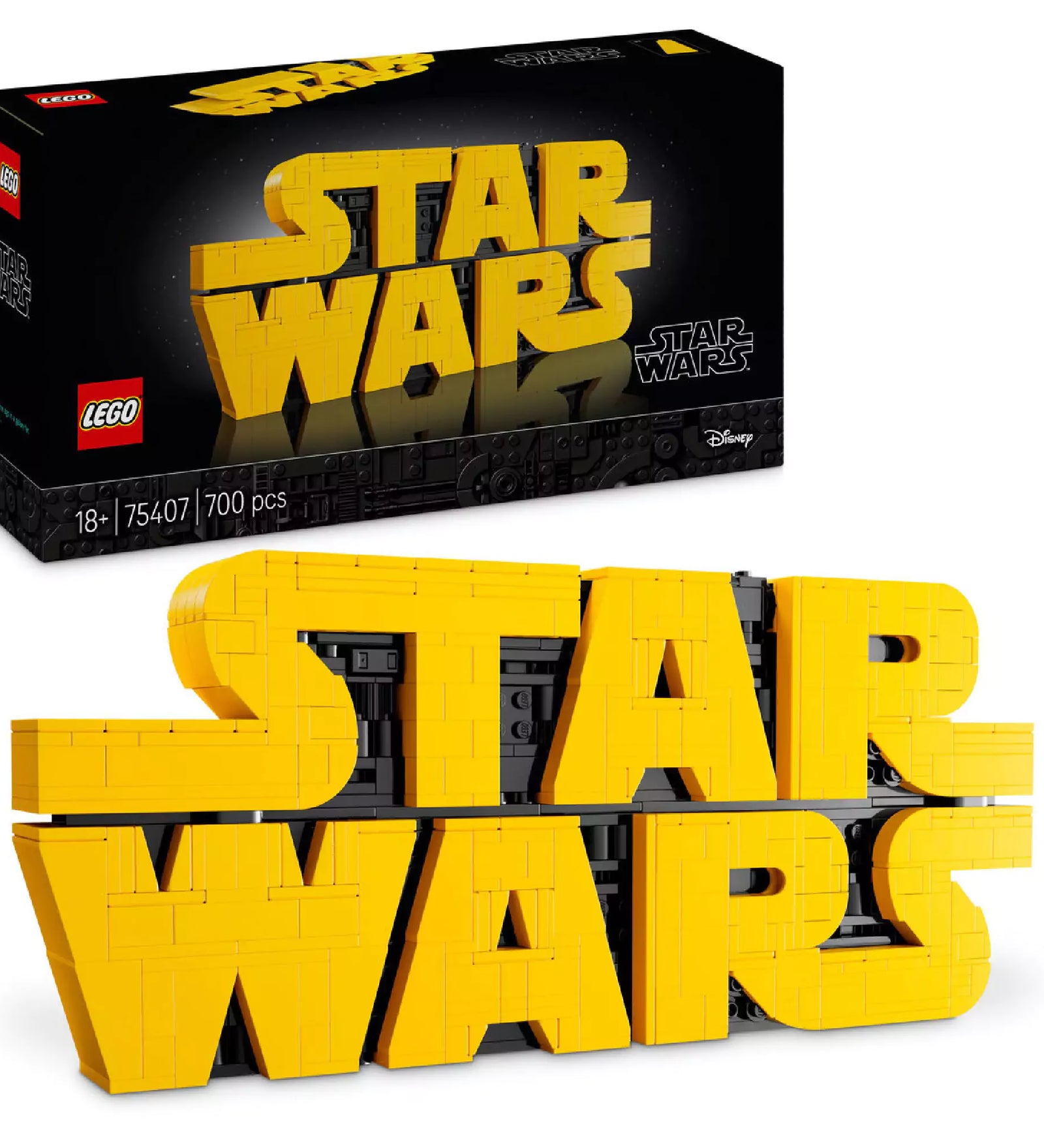 LEGO Star Wars – Star Wars logó (75407) építőkészlet doboza és a megépített sárga „STAR WARS” felirat LEGO kockákból.