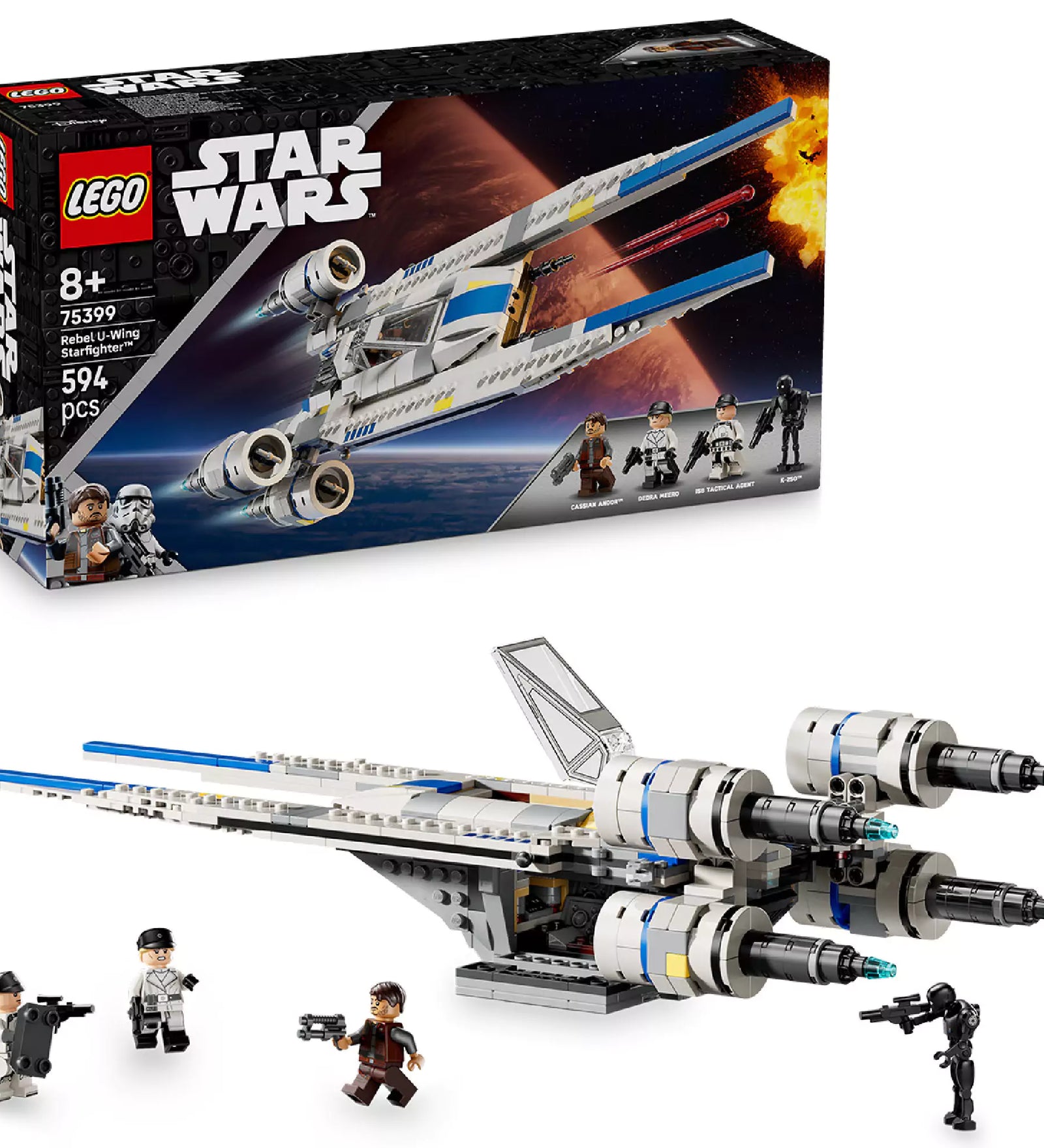 LEGO Star Wars Rebel U-Wing Starfighter (75399) doboz és megépített űrhajó, valamint a mellékelt minifigurák: Cassian Andor, Bix Caleen, R2 tactical droid és két klónkatona.