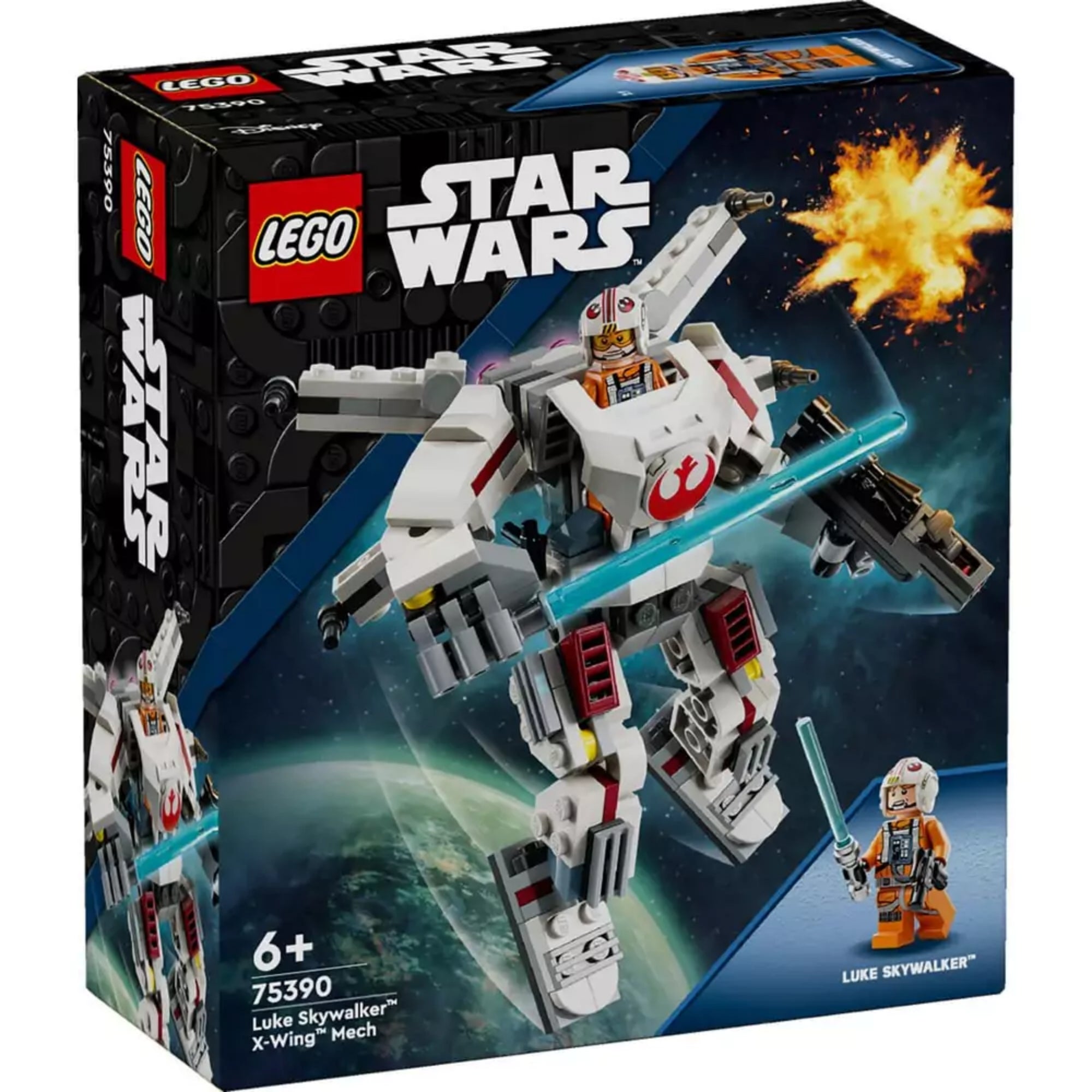LEGO Star Wars Luke Skywalker X-Wing robotja (75390) doboz – látványos grafikával, Luke Skywalker minifigurával és a fehér-piros mech robottal.