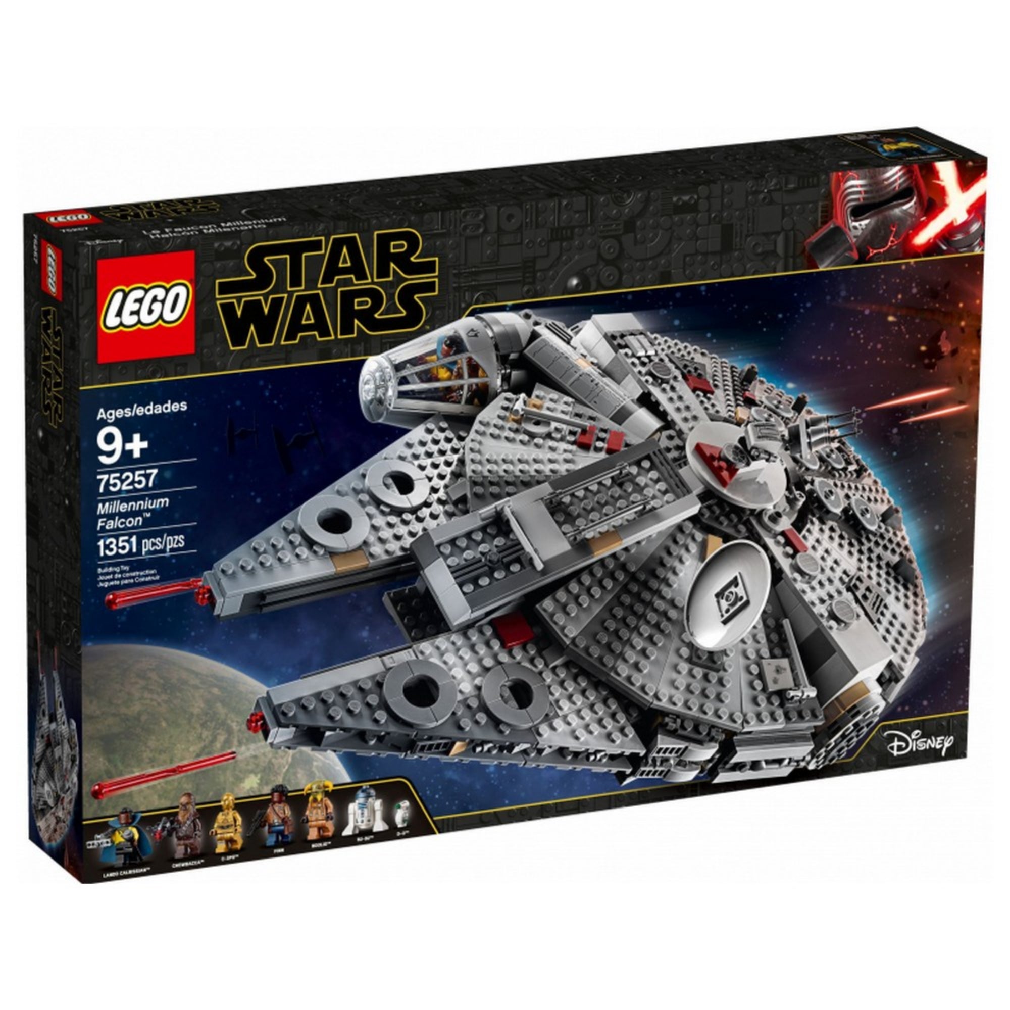 A LEGO Star Wars Millennium Falcon (75257) építőkészlet doboza elölnézetből, 1351 darabos készlet, galaktikus háttérrel és Kylo Ren grafikájával.