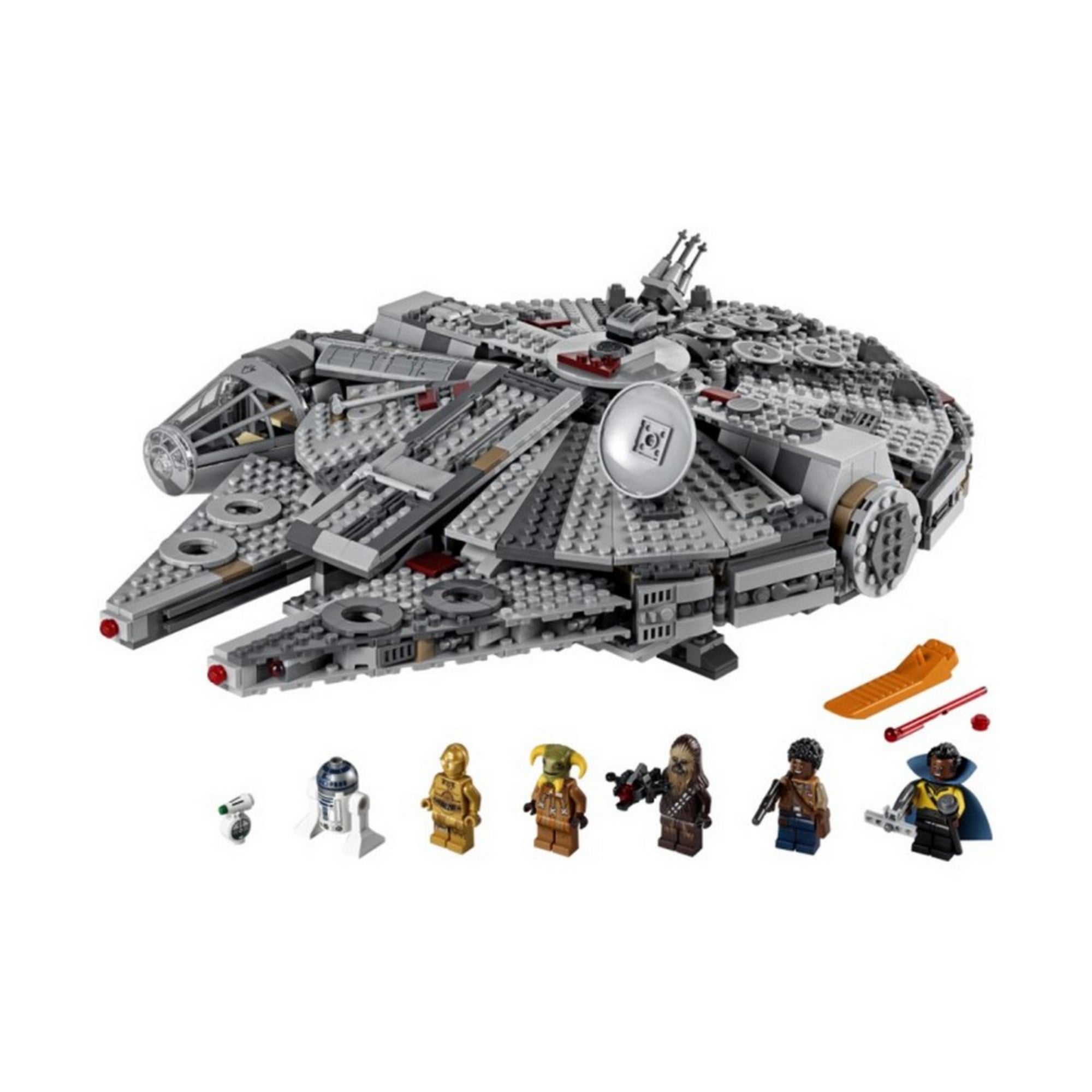 A LEGO Millennium Falcon (75257) űrhajó összerakott változata hét minifigurával, köztük Chewbacca, Lando, R2-D2 és C-3PO karakterekkel, világoskék hajtóműfénnyel.