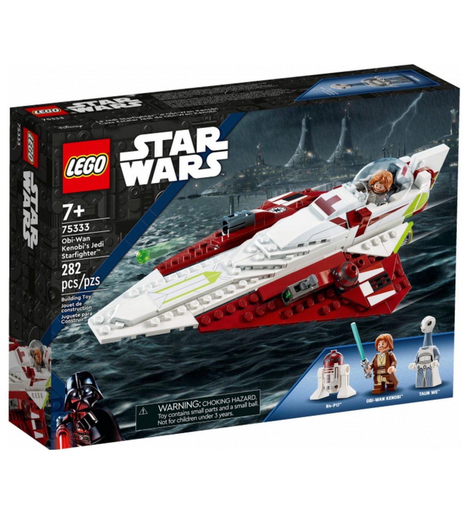 A LEGO Star Wars 75333-as szett doboza, melyen a Jedi Starfighter akcióban látható az esőáztatta Kamino bolygó hátterével és a három mellékelt figura illusztrációjával.