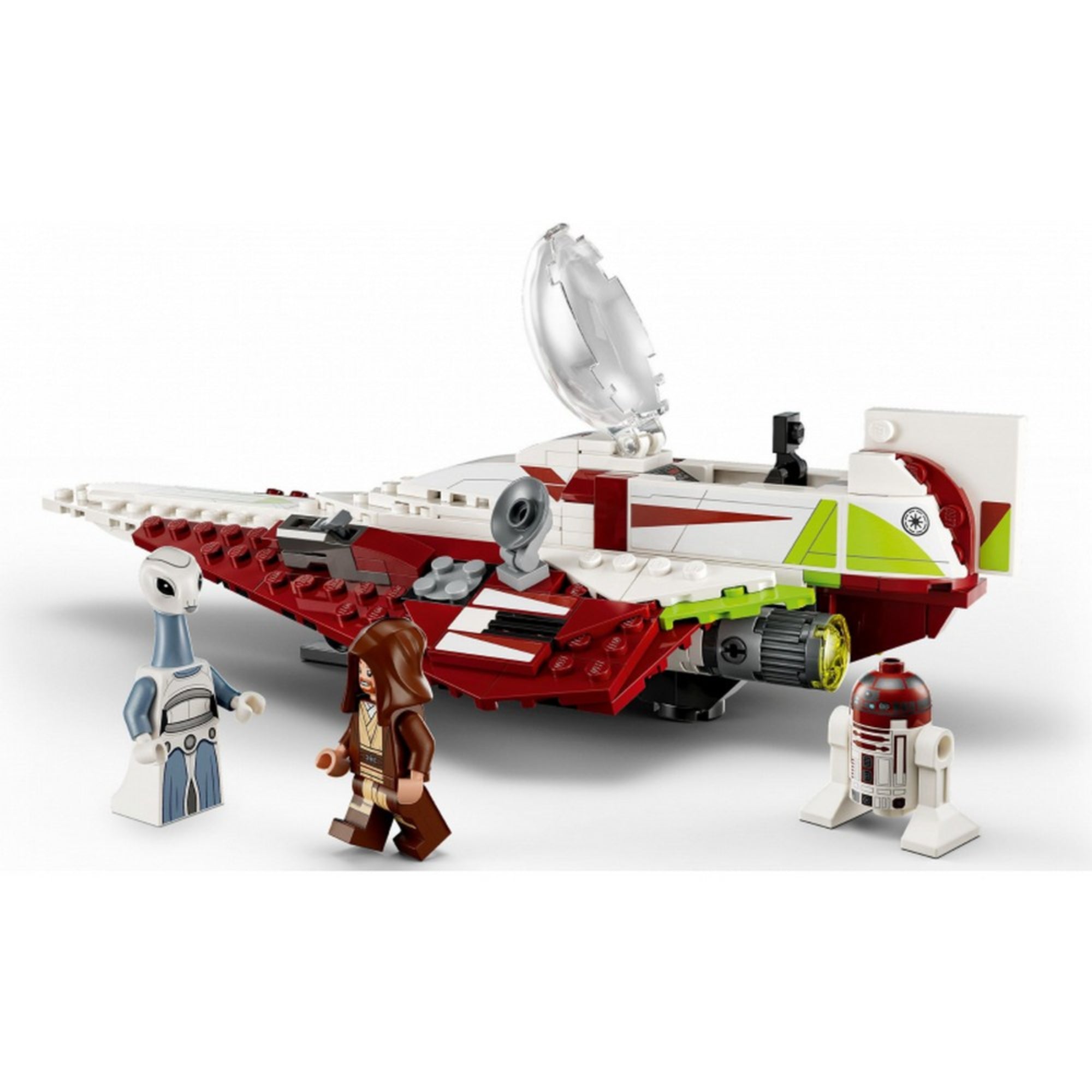 Hátsó és oldalsó nézet a Jedi Starfighterről, nyitott pilótafülkével és körülötte a három szereplő figurával – Obi-Wan Kenobi, R4-P17 és Taun We.