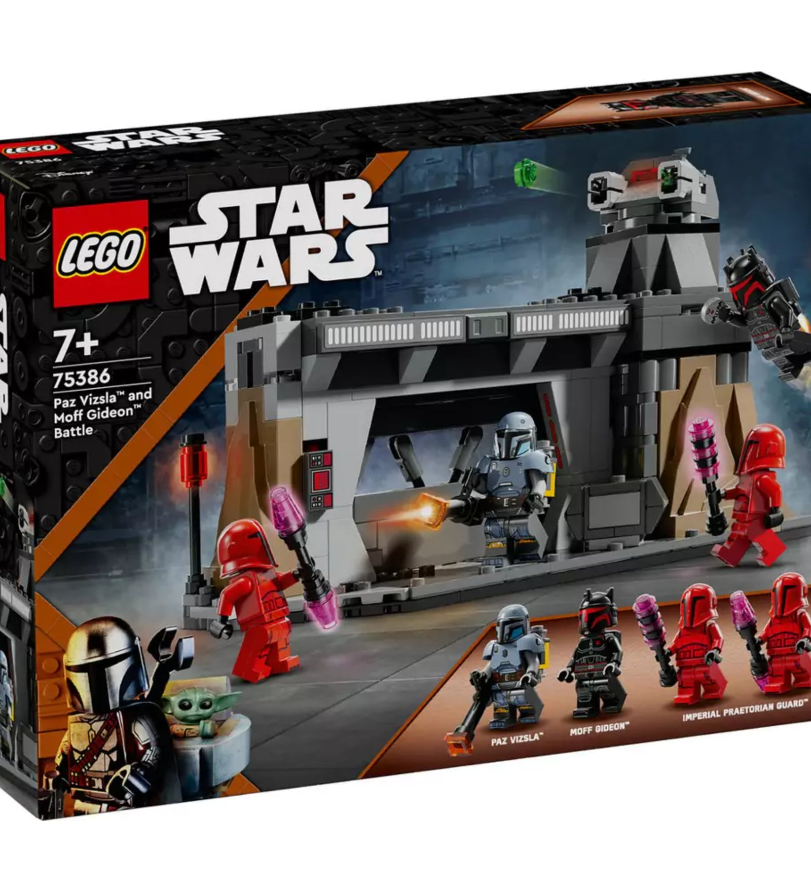 LEGO Star Wars Paz Vizsla és Moff Gideon csatája (75386) – a termék dobozának előlapja, a harci jelenettel, öt minifigurával és a LEGO Star Wars logóval.