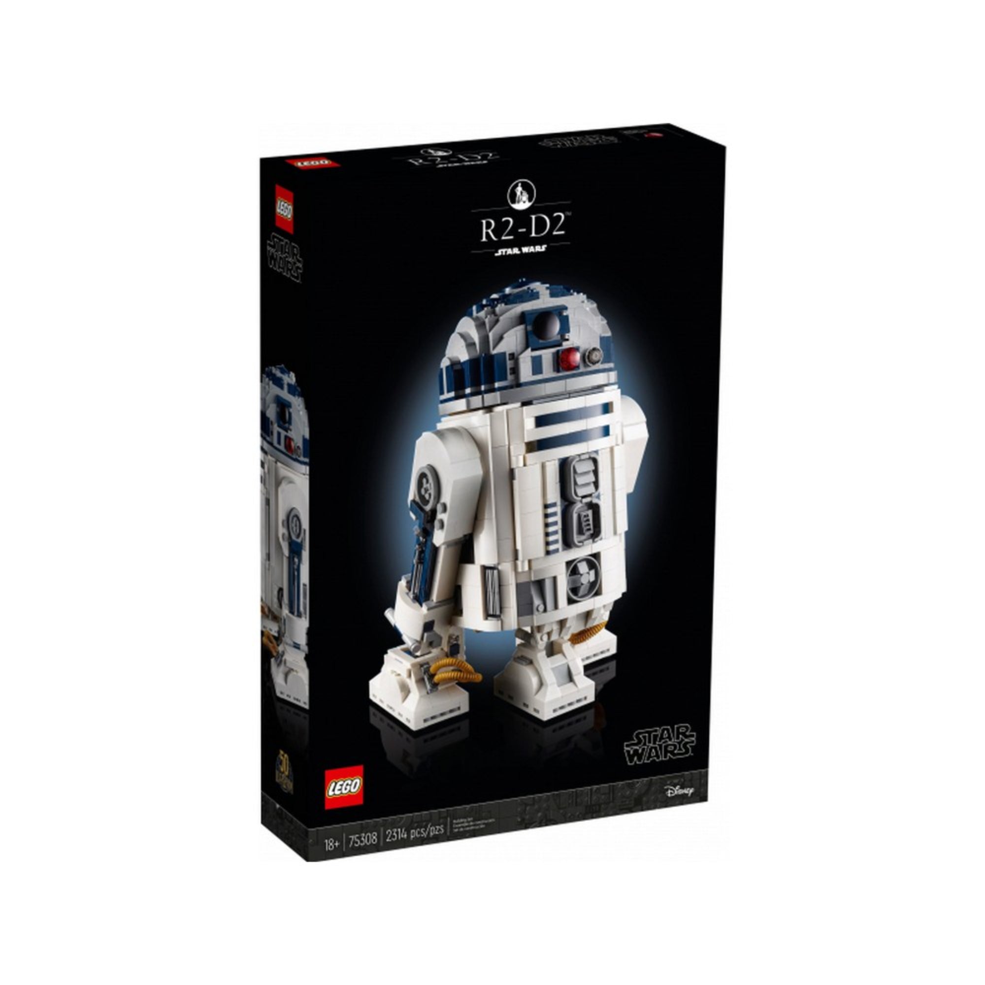 A LEGO Star Wars R2-D2 (75308) doboza, sötét háttérrel kiemelve a részletgazdag, megépített droid modellt, a készlet adataival és Star Wars logóval.